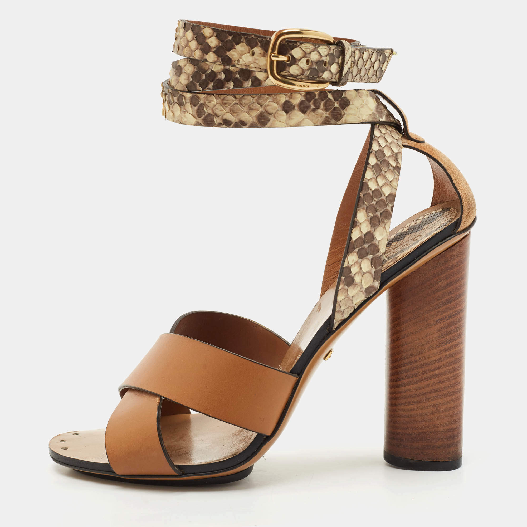 Gucci Brown Python and Leather Crisscross Ankle Strap Sandals Size 38