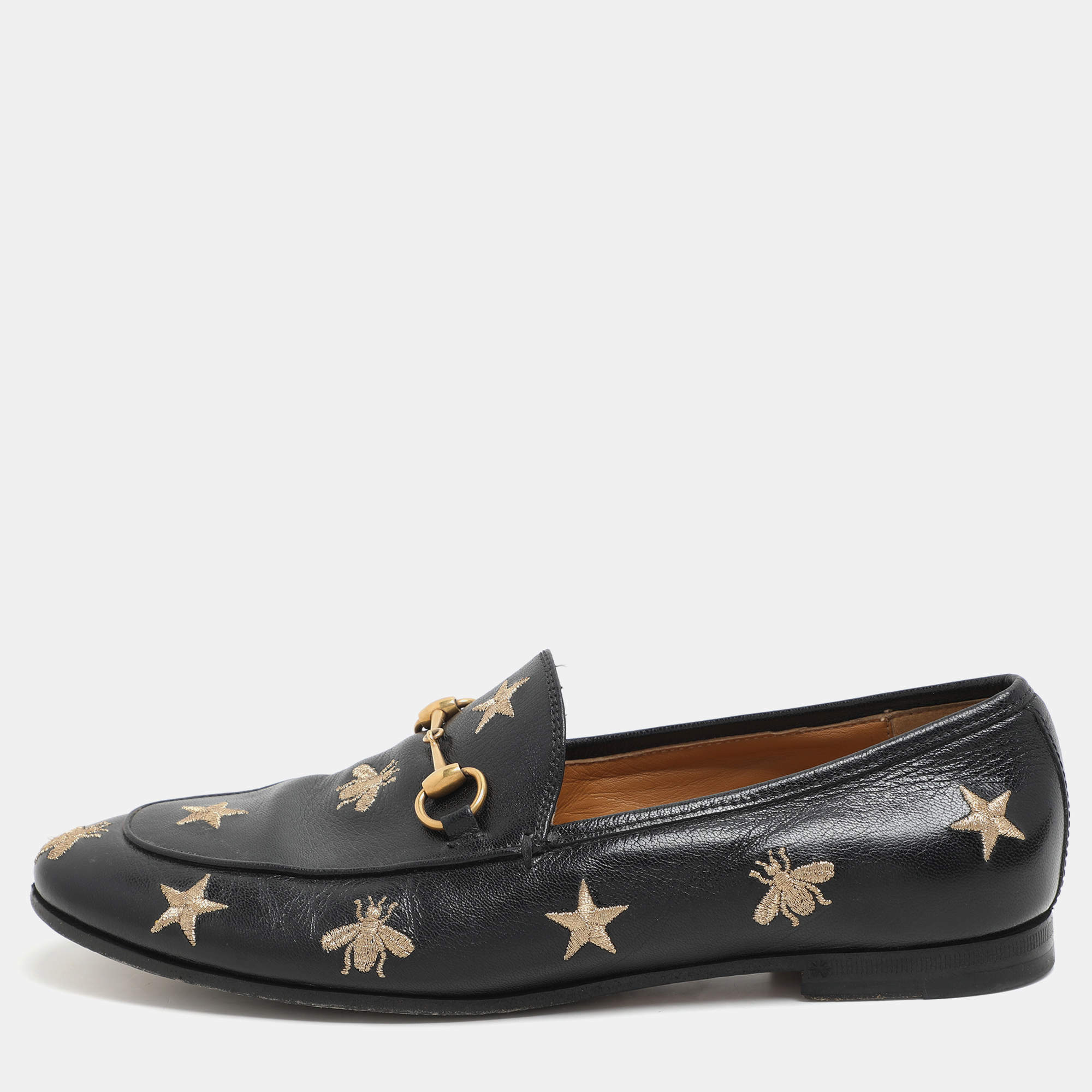 Gucci Black Leather Embroidered Bee Star Horsebit Slip On Loafers Size 38