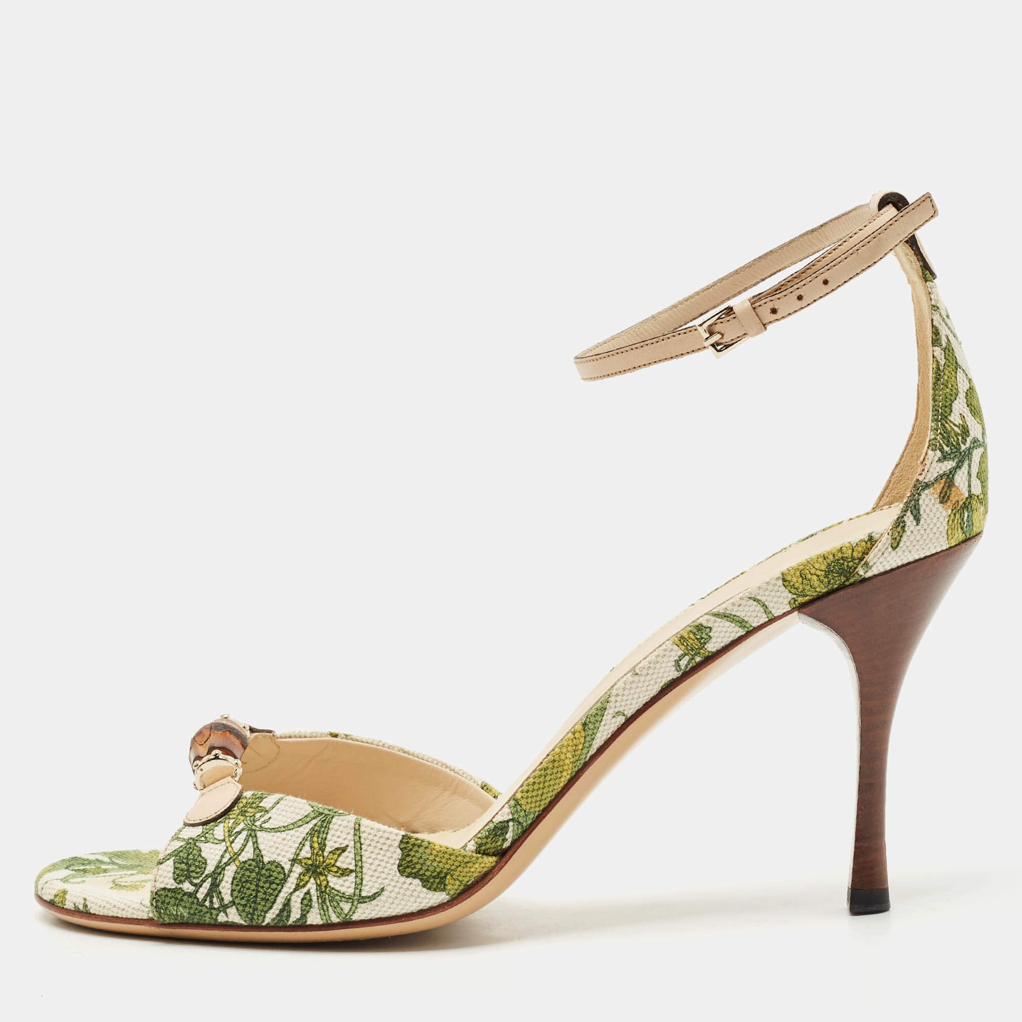 Gucci Green/Beige Printed Canvas and Leather Bamboo Horsebit Ankle Strap Sandals Size 39