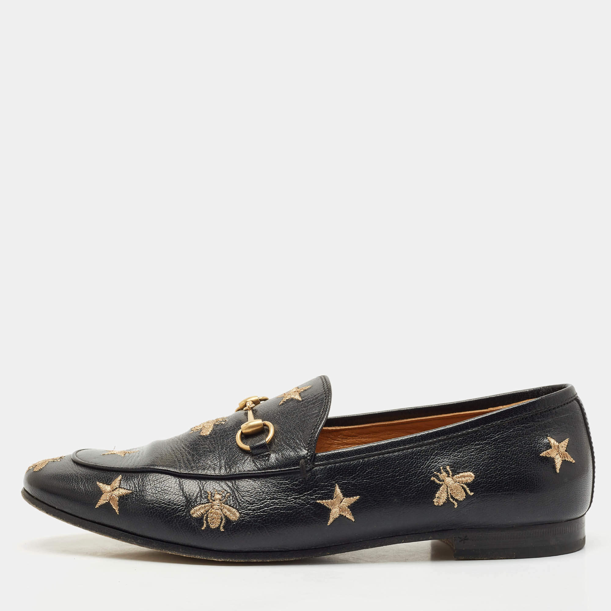 Gucci Black Leather Embroidered Star Bee Horsebit Jordaan Loafers Size 41