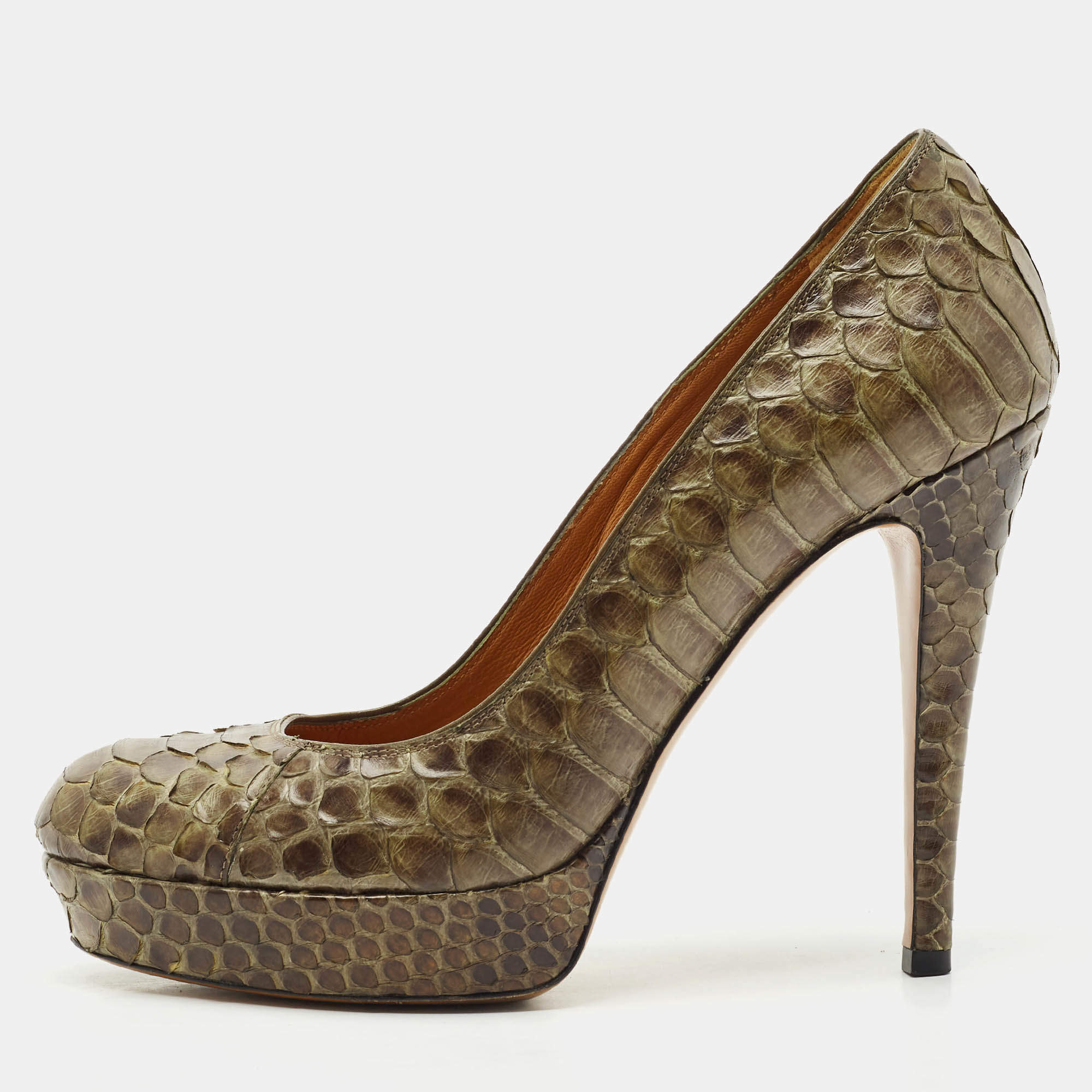 Gucci Olive Green Python Leather Platform Pumps Size 36.5