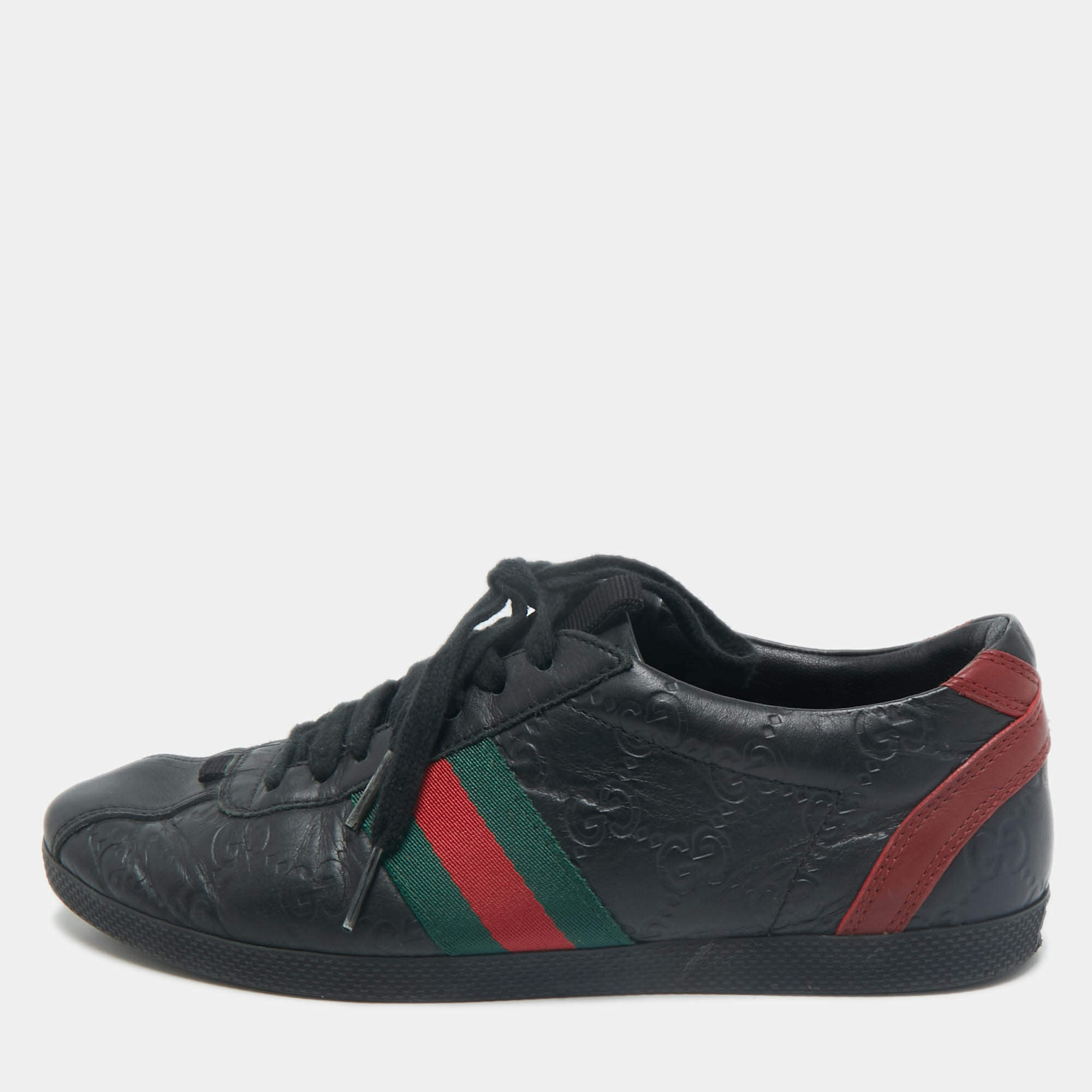Gucci Black Guccissima Leather Web Detail Lace Up Sneakers Size 36