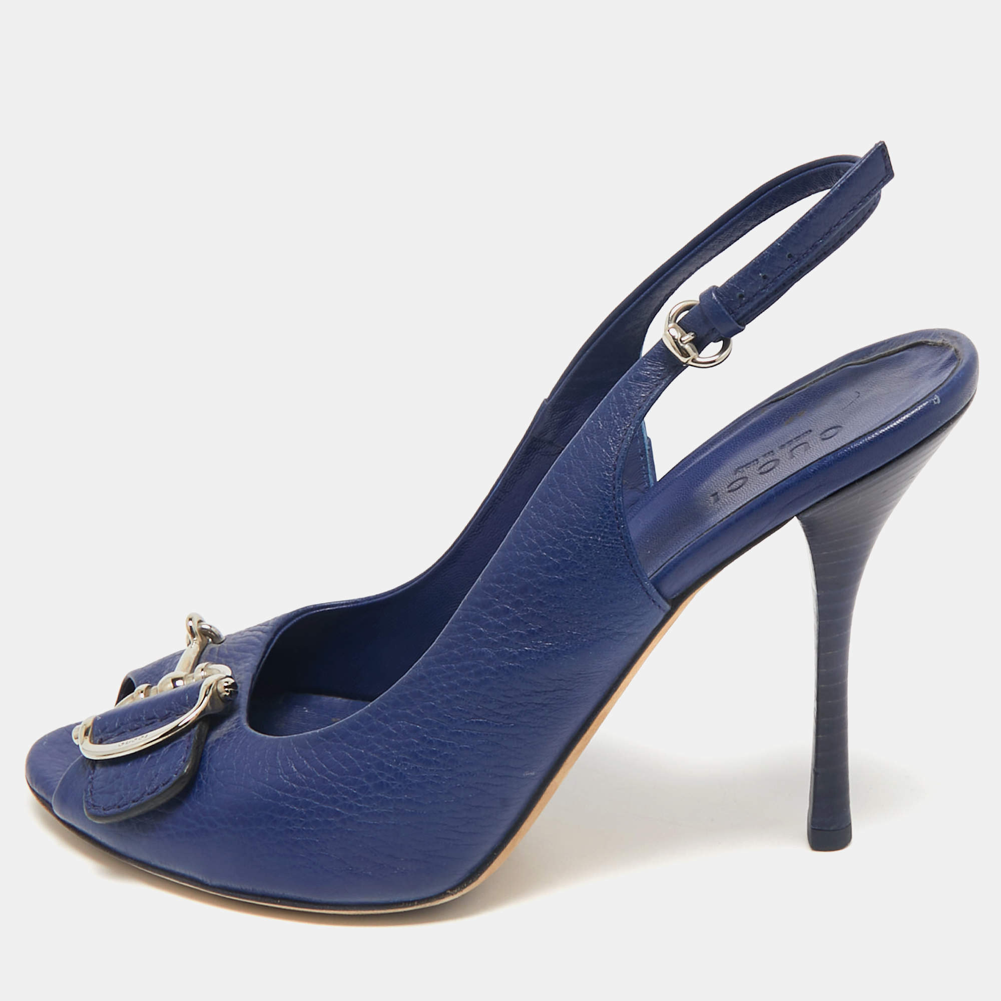 Gucci Blue Leather Horsebit Slingback Pumps Size 38