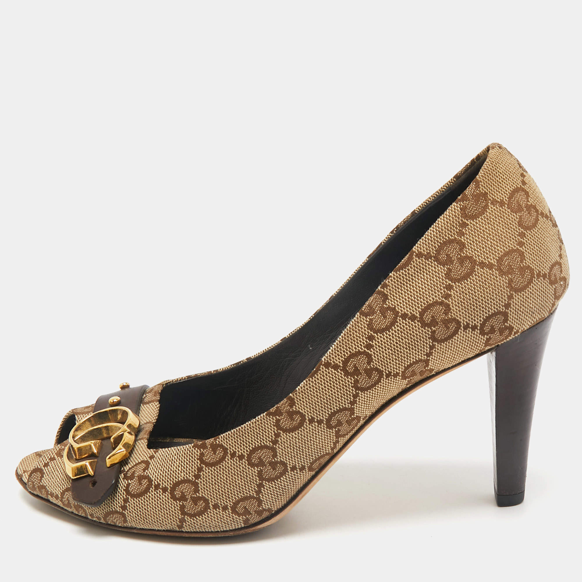 Gucci Beige/Brown GG Canvas and Leather Logo Peep Toe Pumps Size 37.5