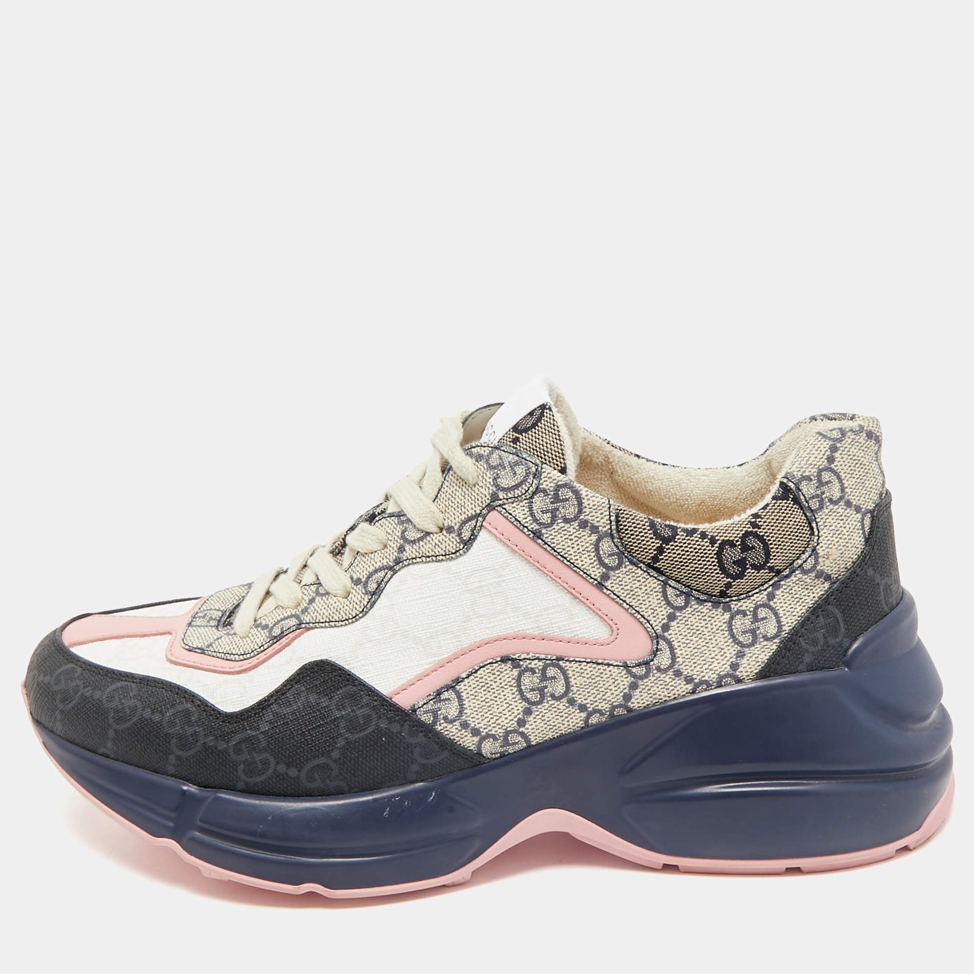 Gucci Multicolor GG Supreme Canvas and Leather Rhyton Sneakers Size 39.5