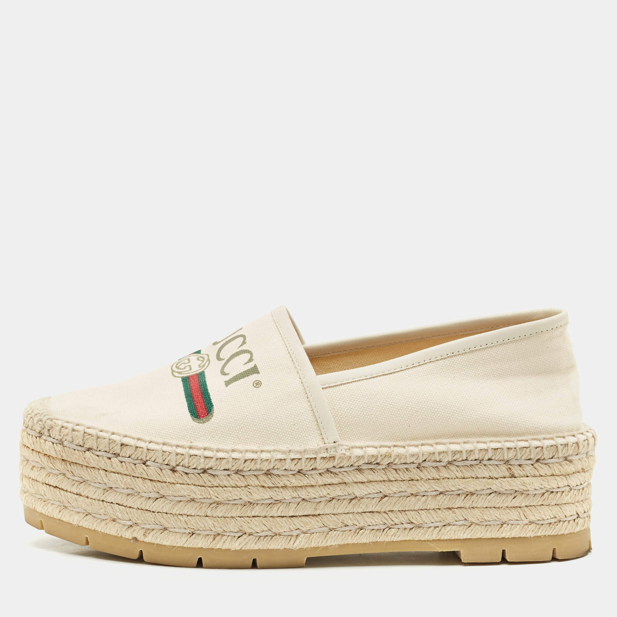 Gucci Off White Canvas Logo Platform Espadrille Flats Size 39.5