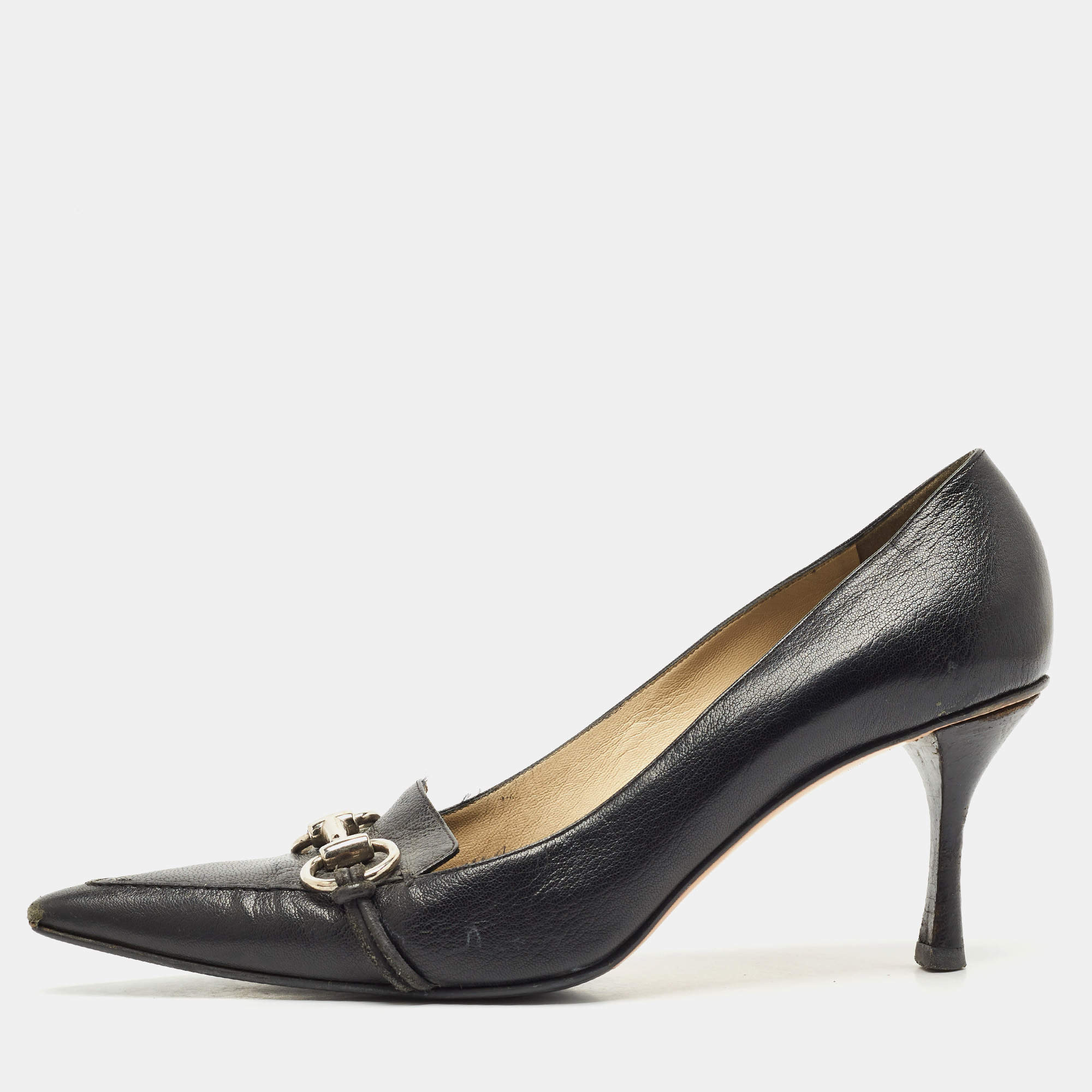 Gucci Black GG Leather Horsebit Pointed Toe Pumps Size 38.5