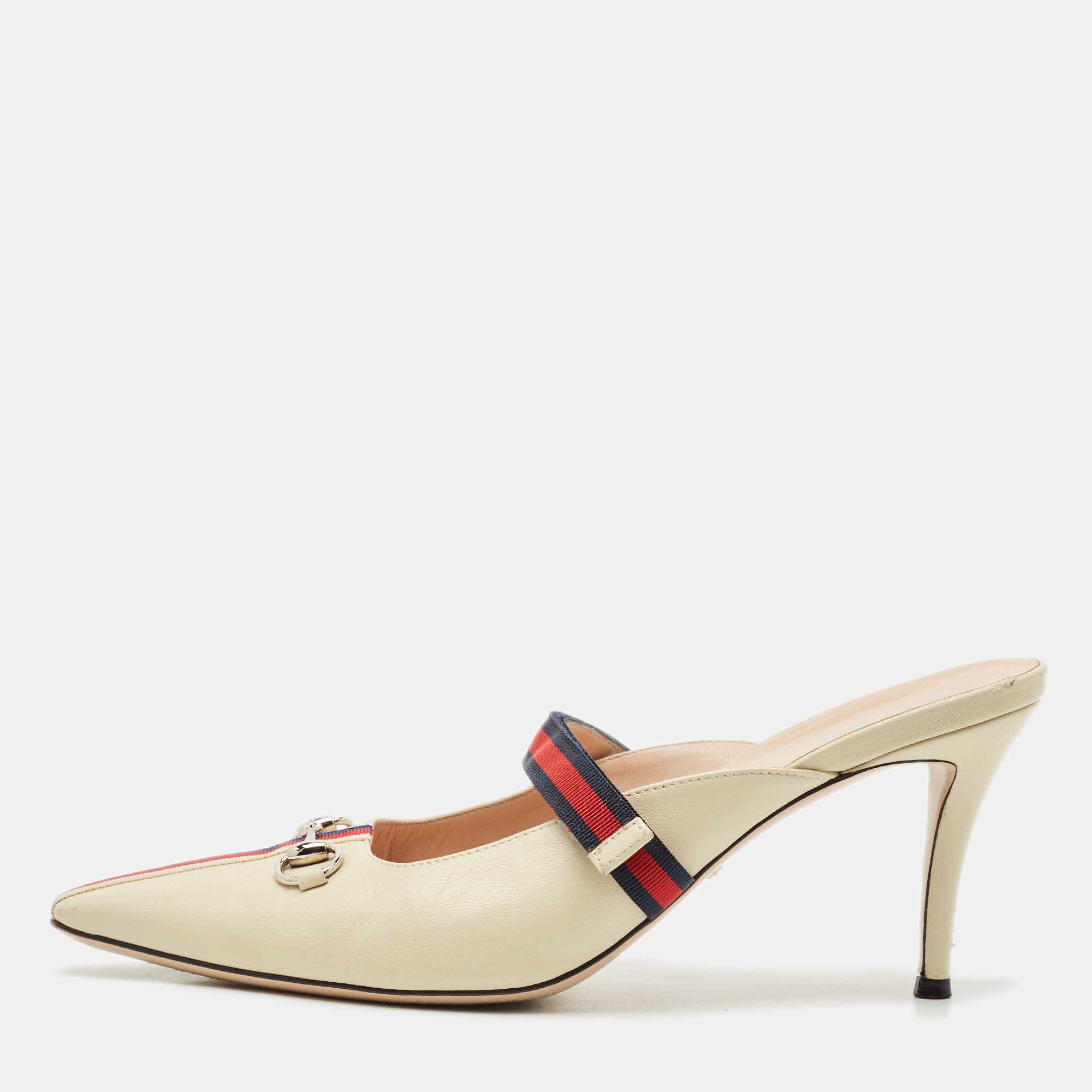Gucci Cream/Red Leather Emma Web Strap Horsebit Mules Size 40.5