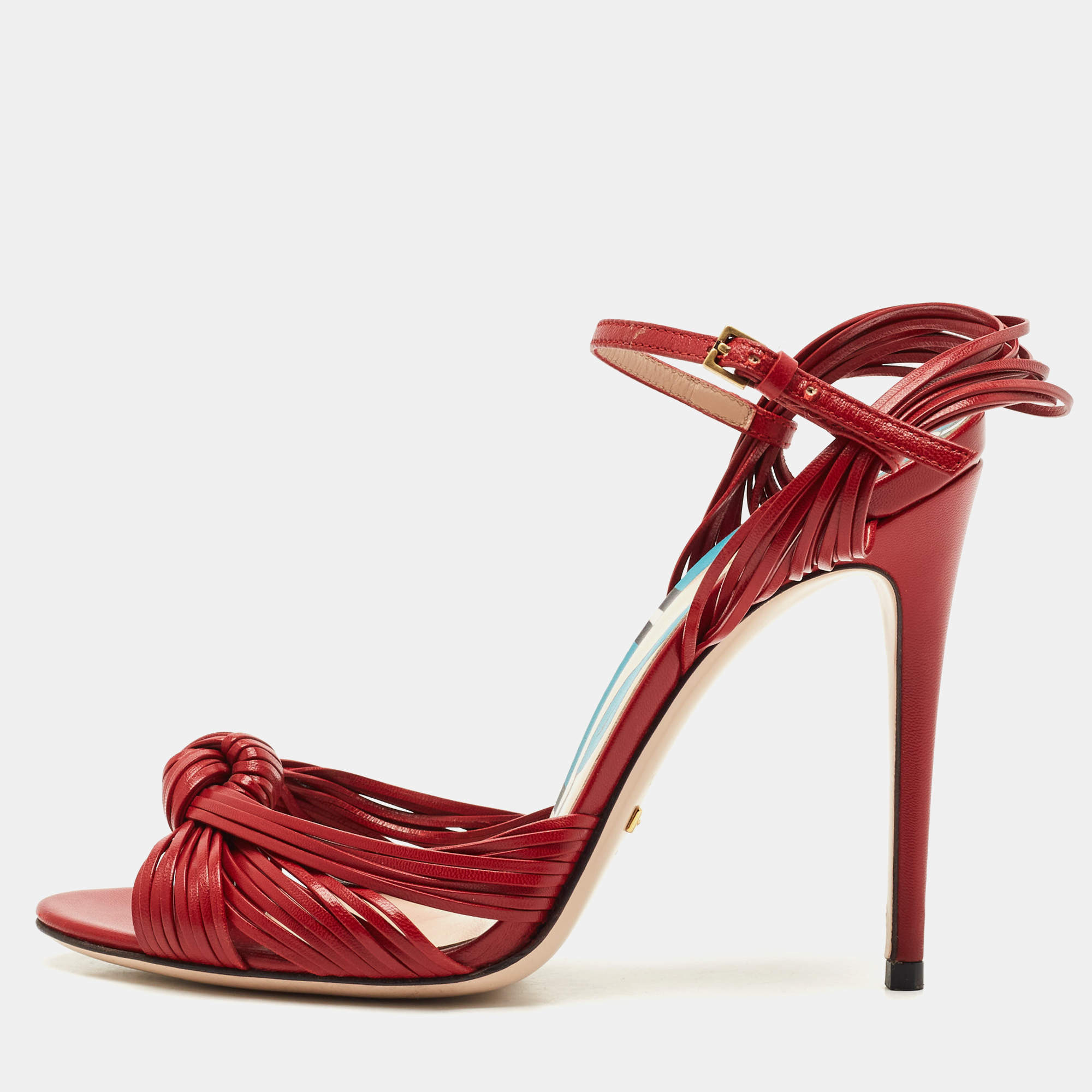 Gucci Red Leather Allie Knot Ankle Strap Sandals Size 36.5