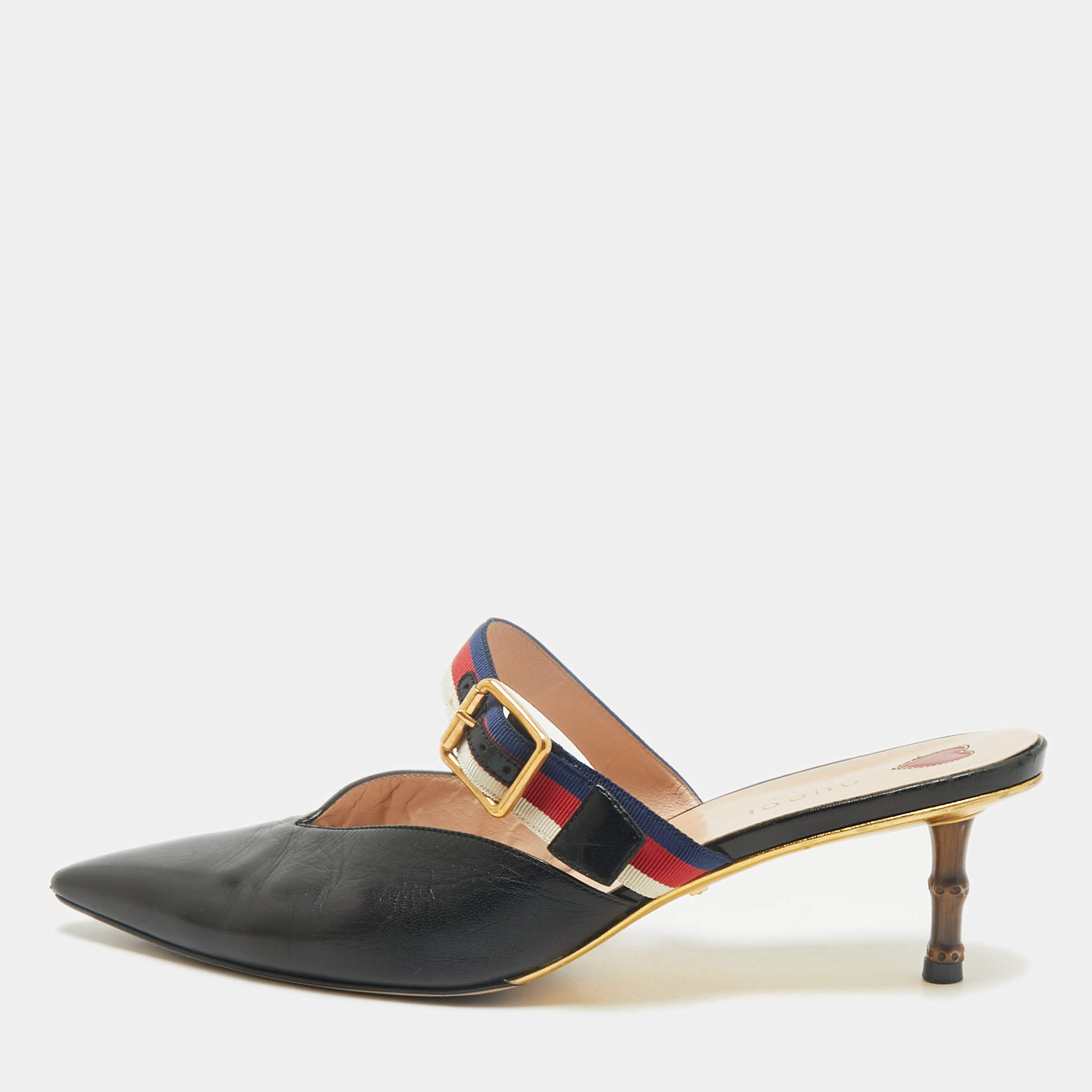 Pre Owned Gucci Black Leather Web Pointed Toe Bamboo Heel Mules Size 40.5