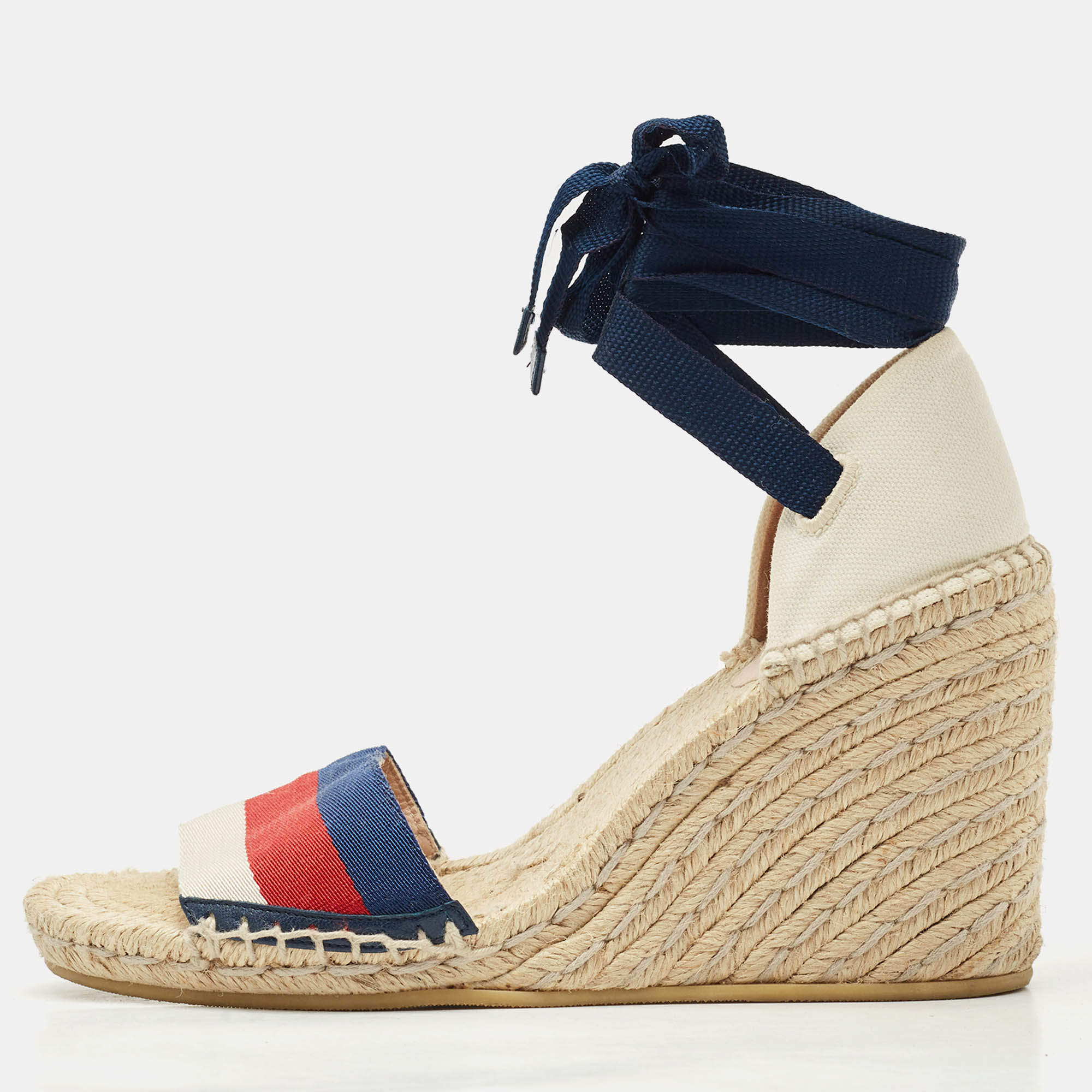 Gucci Multicolor Canvas Web Espadrille Wedge Ankle Wrap Sandals Size 37.5
