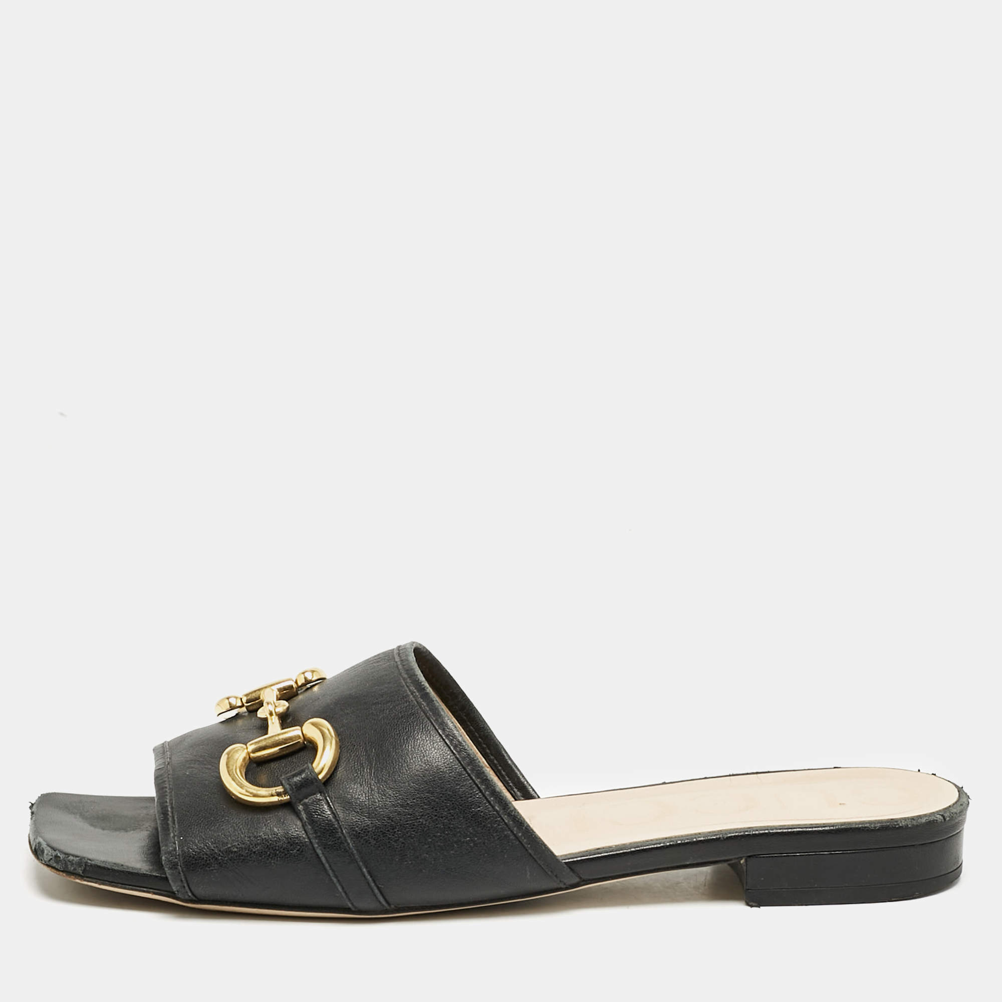 Gucci Black Leather Horsebit Flat Sandals Size 40