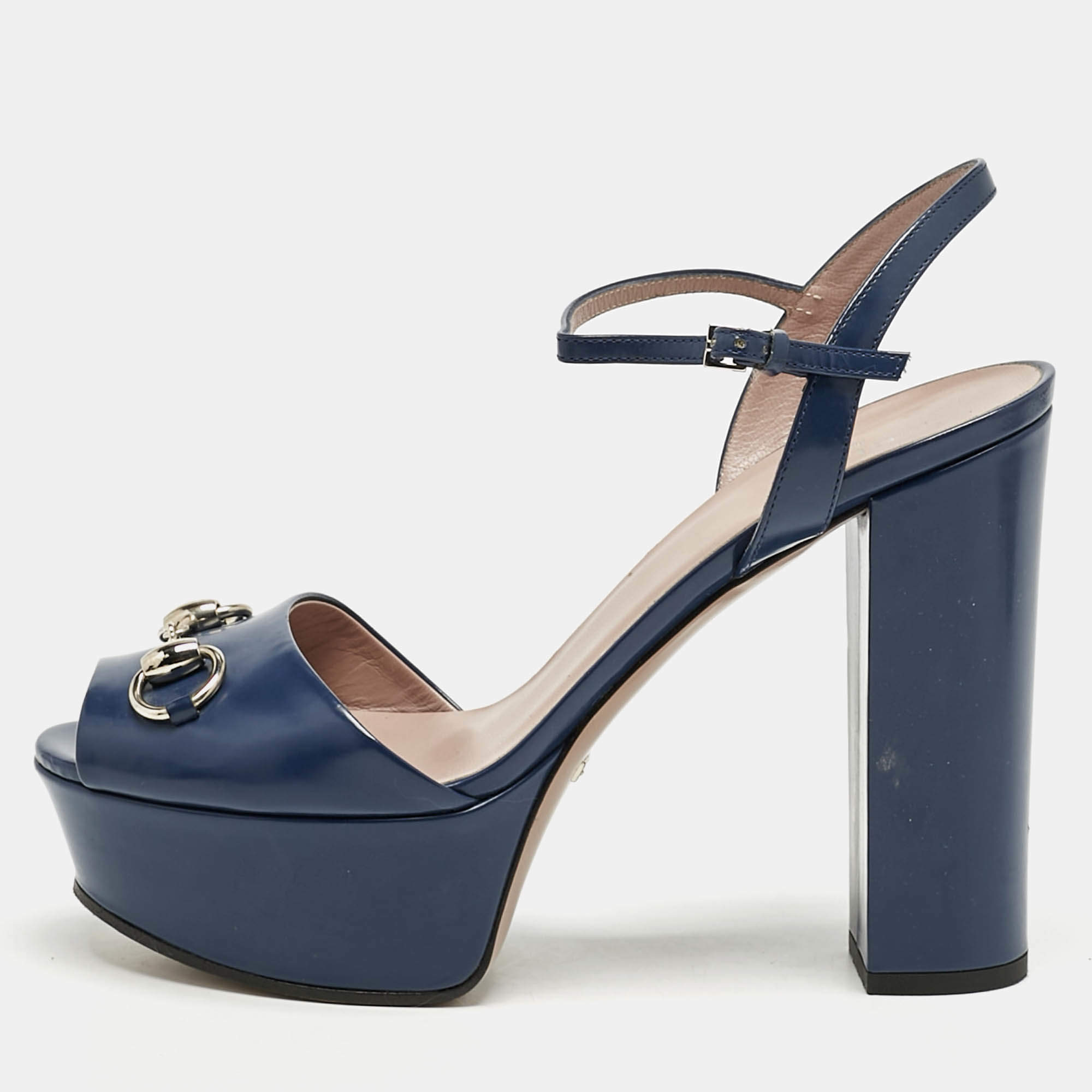 Gucci Blue Patent Leather Claudie Horsebit Platform Ankle Strap Sandals Size 39