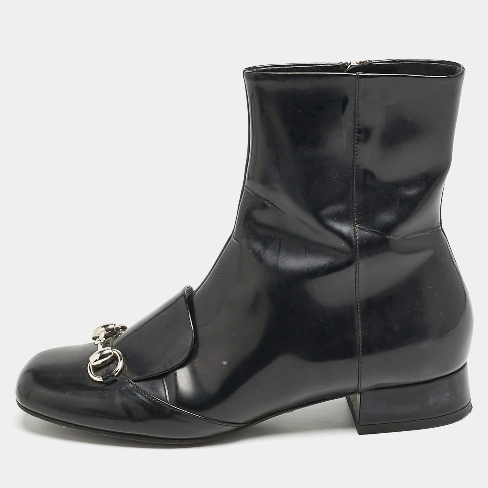Gucci Black Patent Leather Horsebit Mid Calf Length Boots Size 36.5
