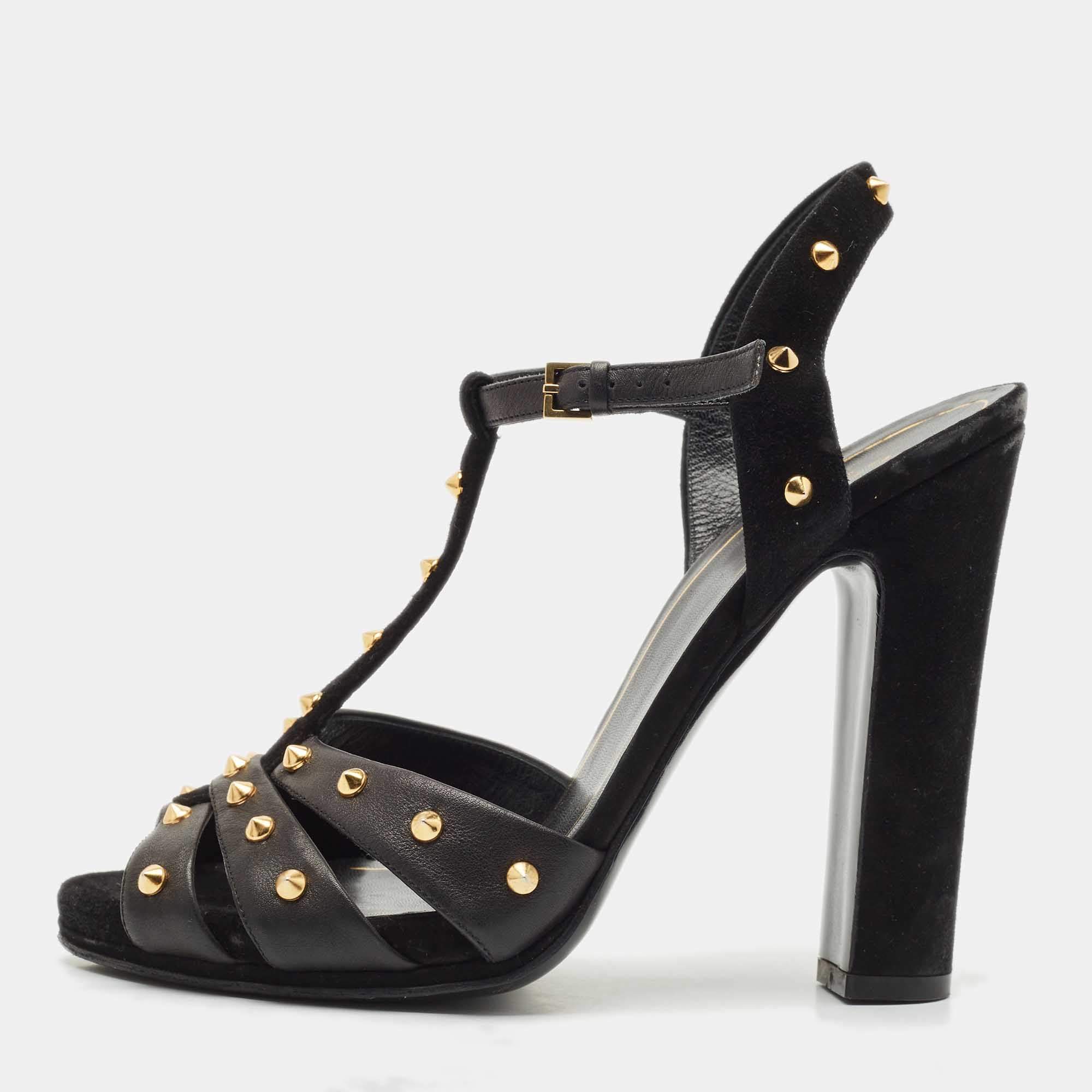 Gucci Black Suede and Leather Studded Ankle Strap Sandals Size 38