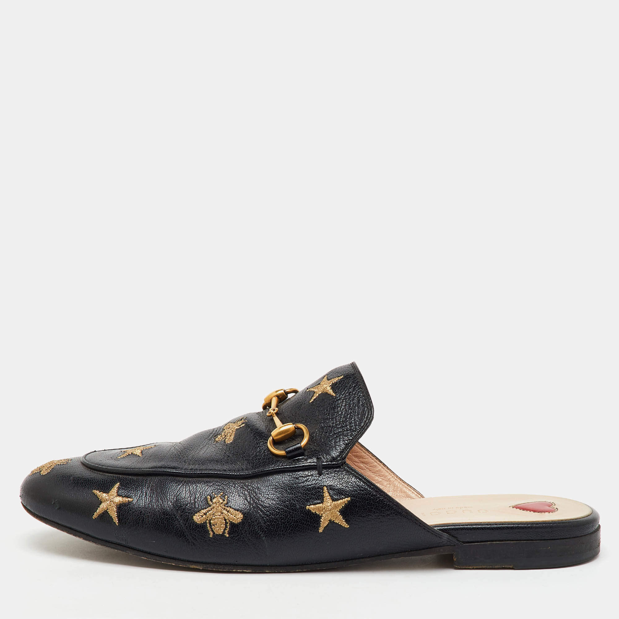 Gucci Black Leather Star Bee Embroidered Princetown Horsebit Flat Mules Size 39