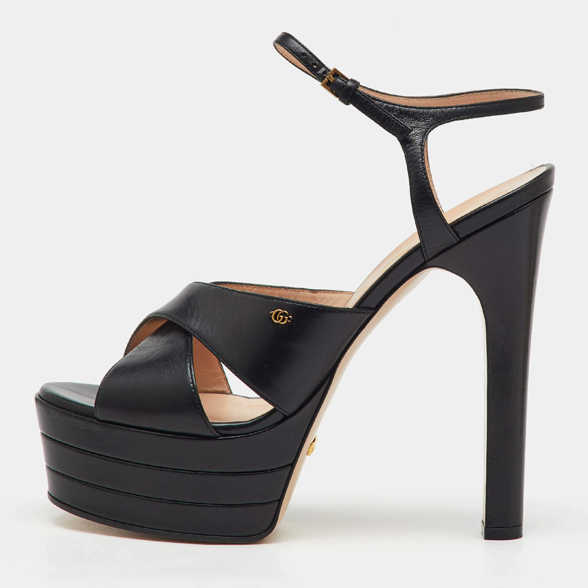 Gucci Black Leather GG Angel Platform Ankle Strap Sandals Size 39.5