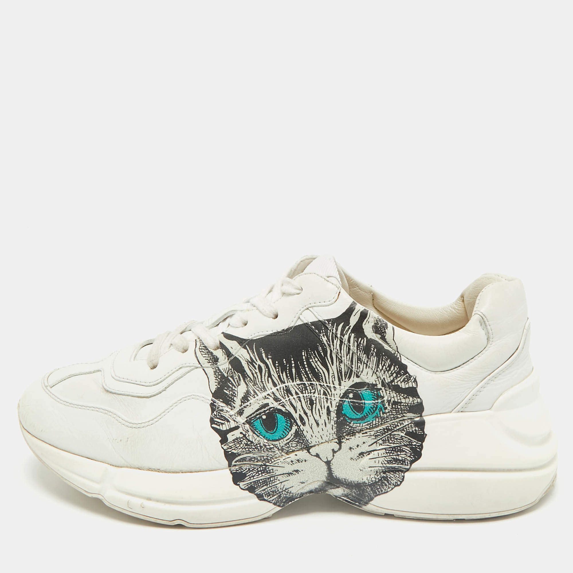 Gucci White Leather Mystic Cat Rhyton Low Top Sneakers Size 39.5