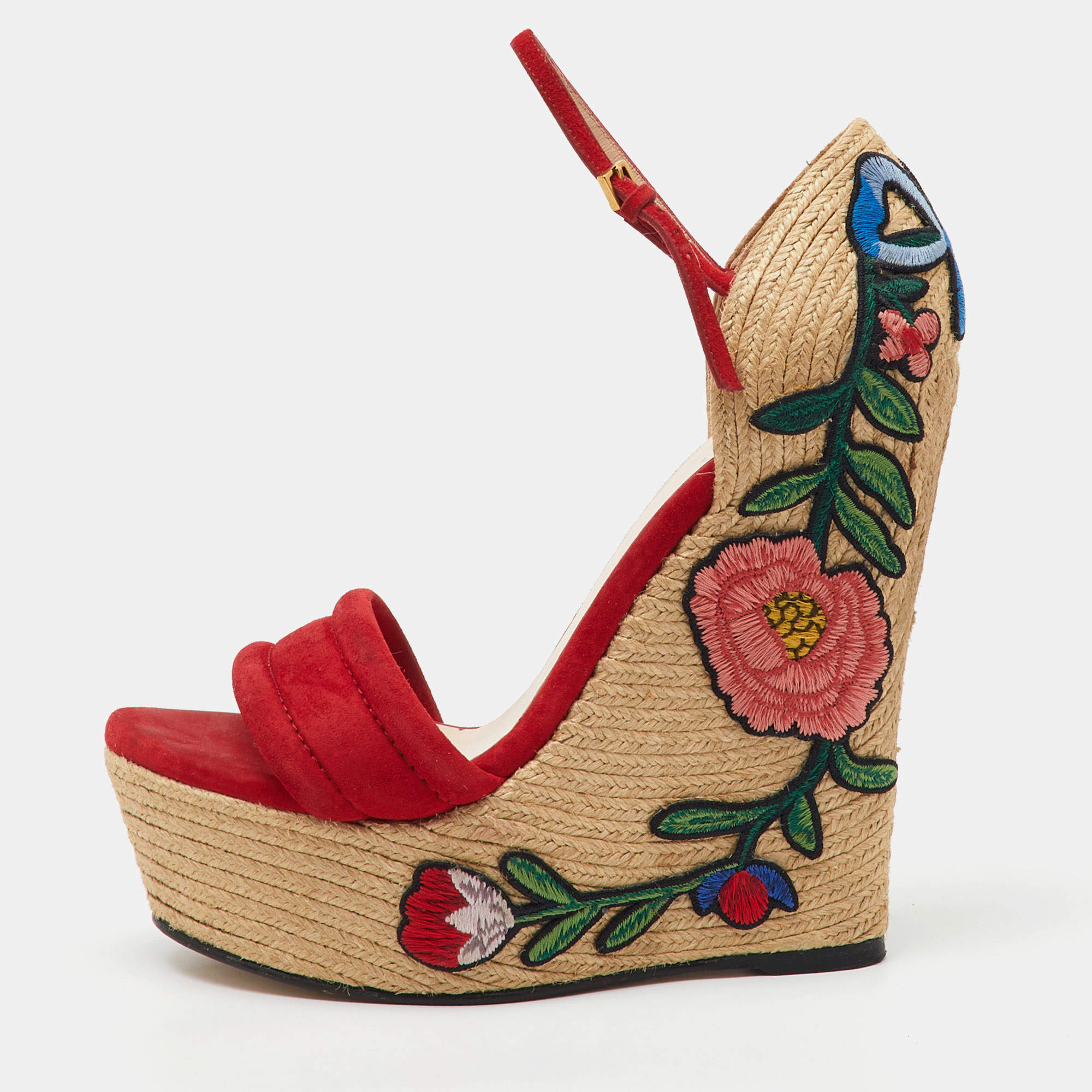 Gucci Red Suede Floral Embroidered Espadrille Platform Wedge Ankle Strap Sandals Size 37