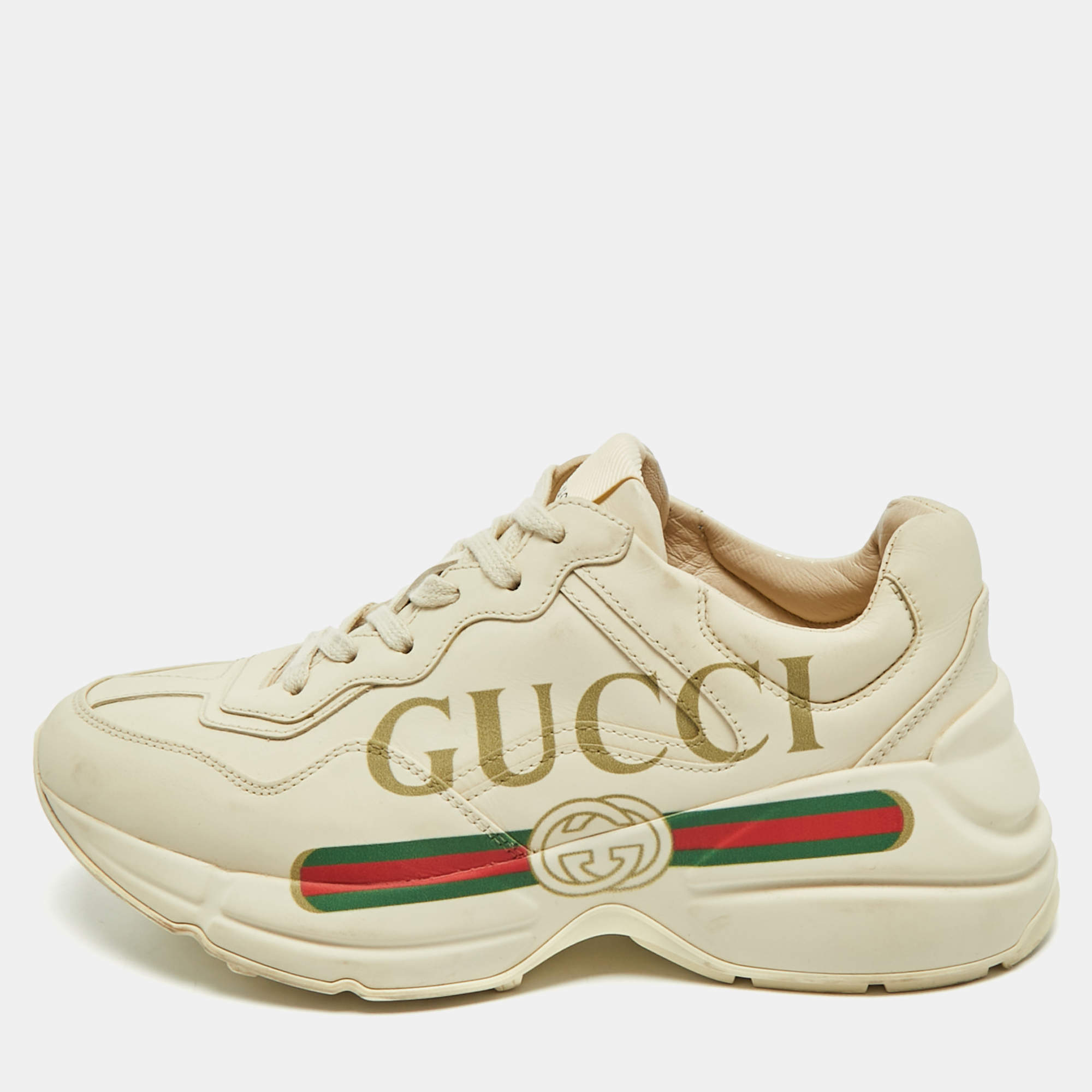 Gucci Cream Leather Rhyton Gucci Logo Low Top Sneakers Size 35