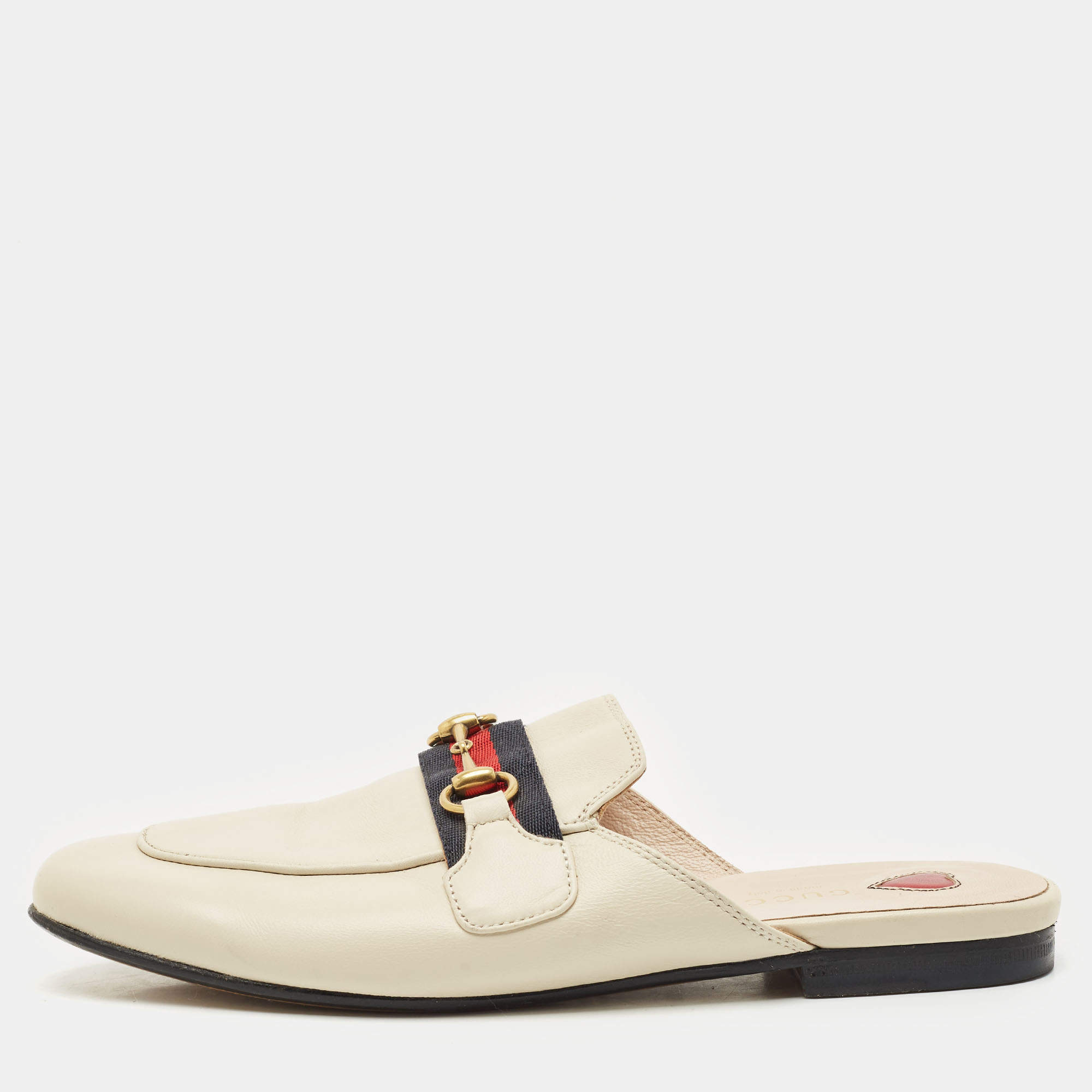 Gucci Cream Leather Princetown Horsebit Mule Sandals Size 38