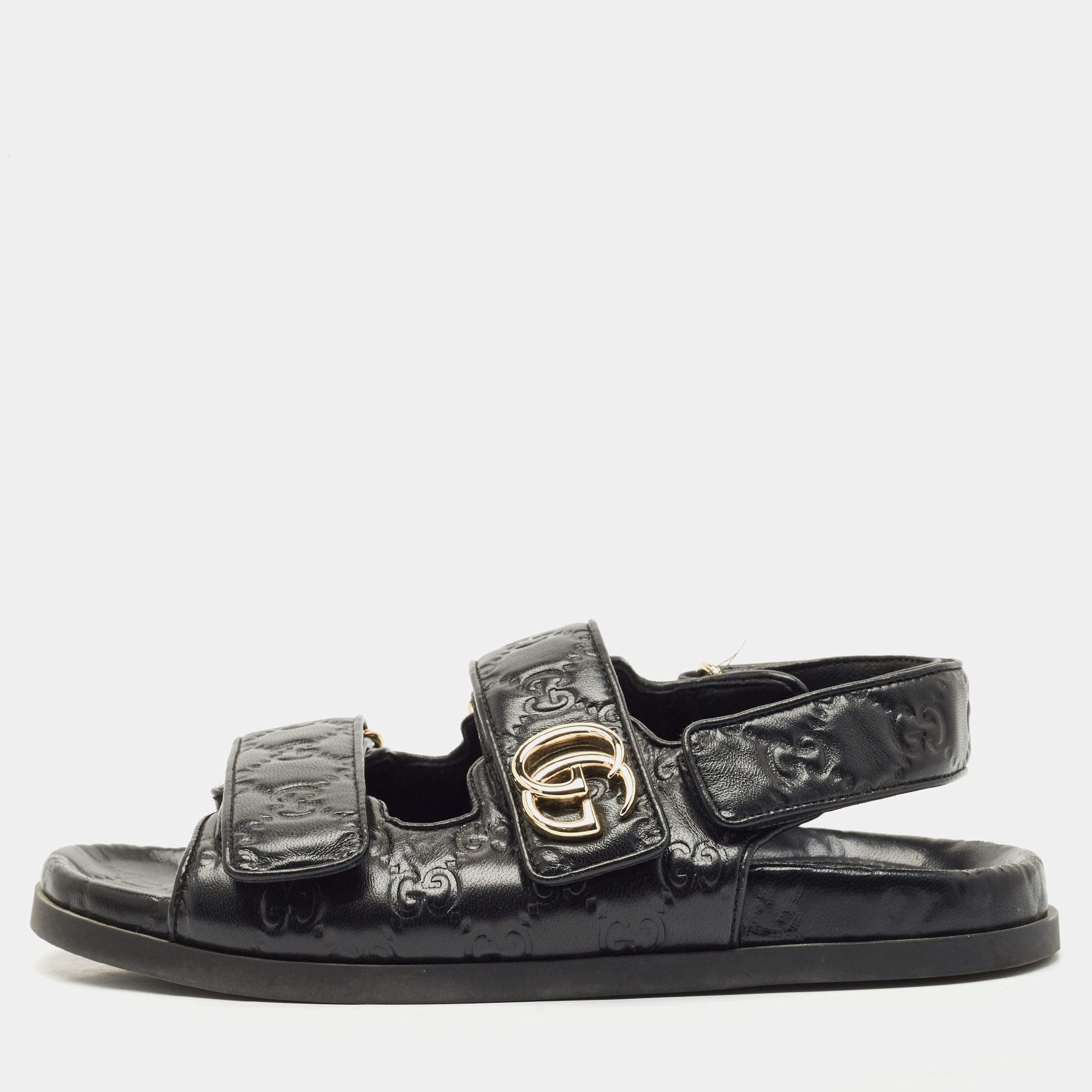Gucci Black Leather Marmont Double G Flat Sandals Size 37.5