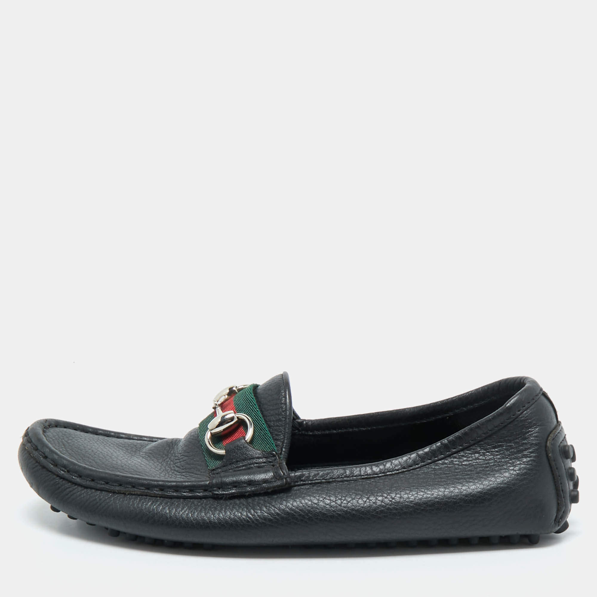 Pre Owned Gucci Black Leather Horsebit Web Loafers Size 35