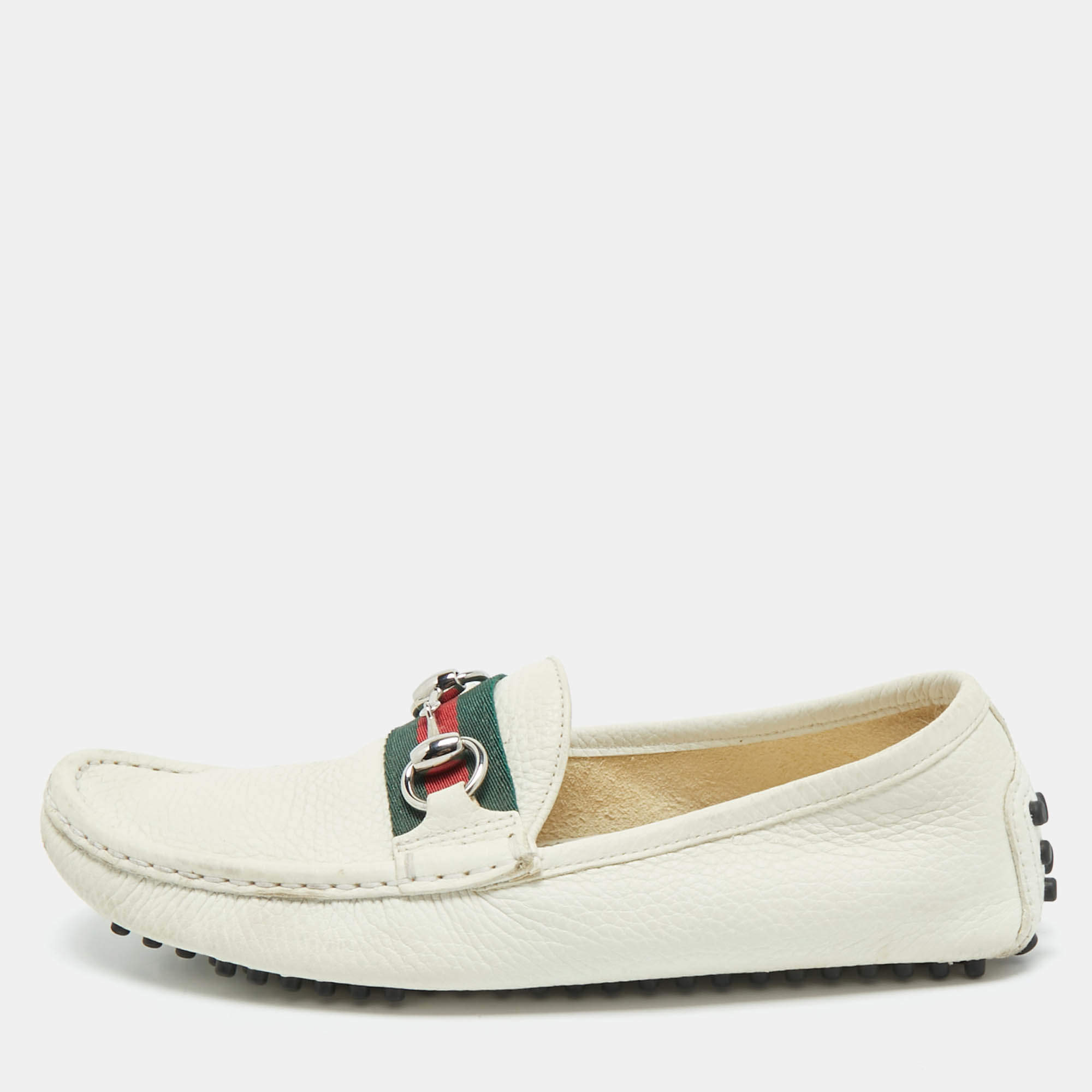 Gucci White Leather Web Horsebit Slip On Loafers Size 35.5