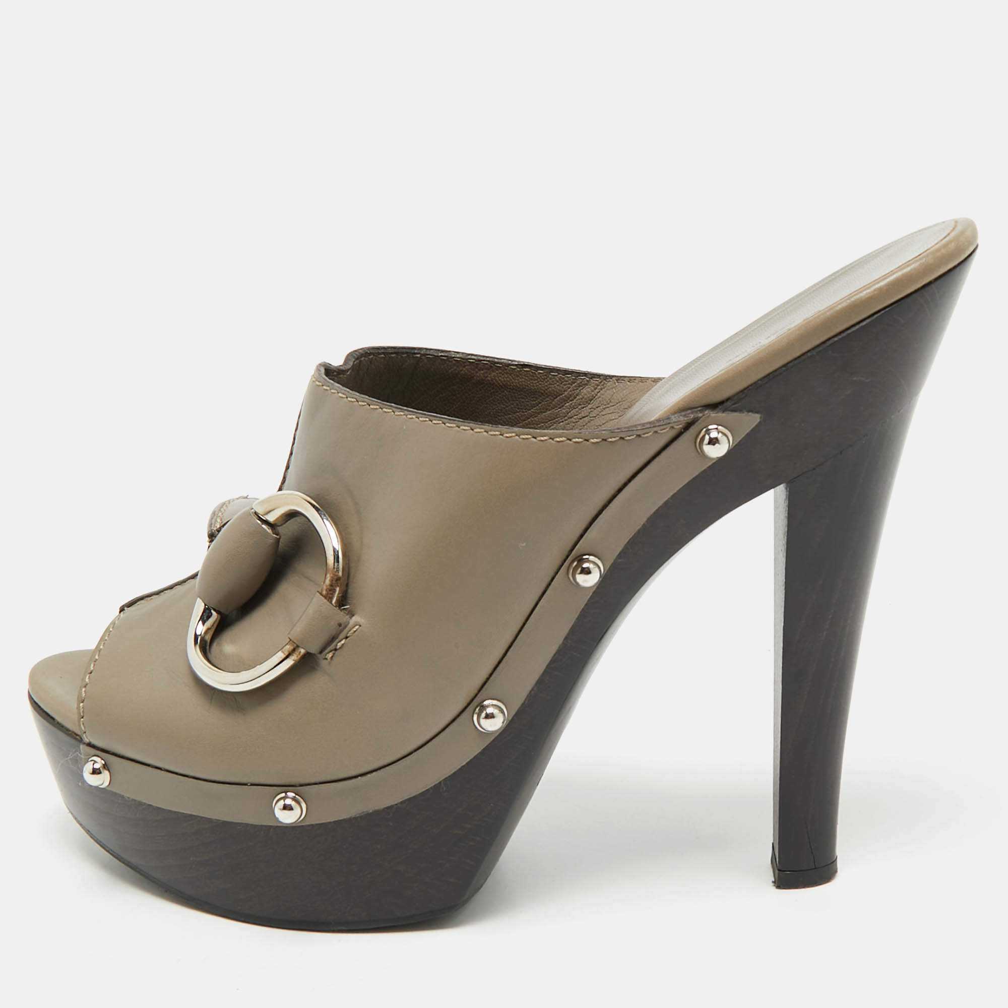 Gucci Grey Leather Icon Bit Platform Clogs Size 40.5