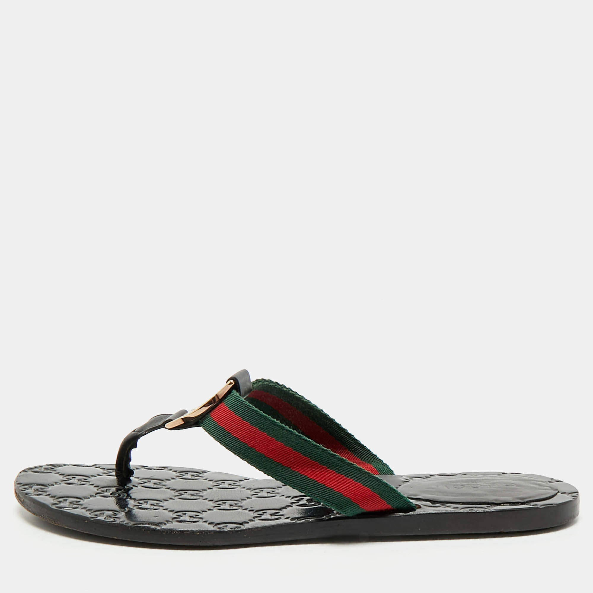 Gucci Black Leather GG Marmont Thong Flats Size 36