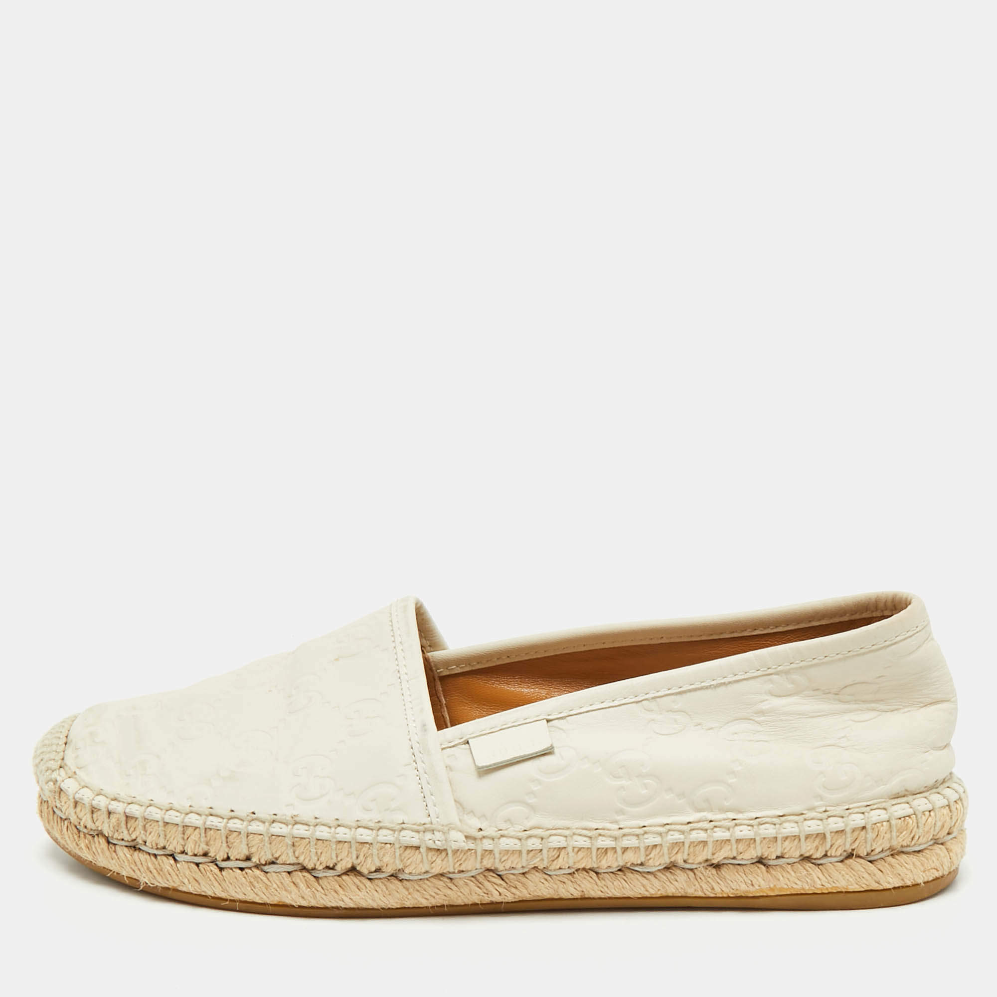Gucci Cream GG Leather Slip On Espadrille Flats Size 38.5