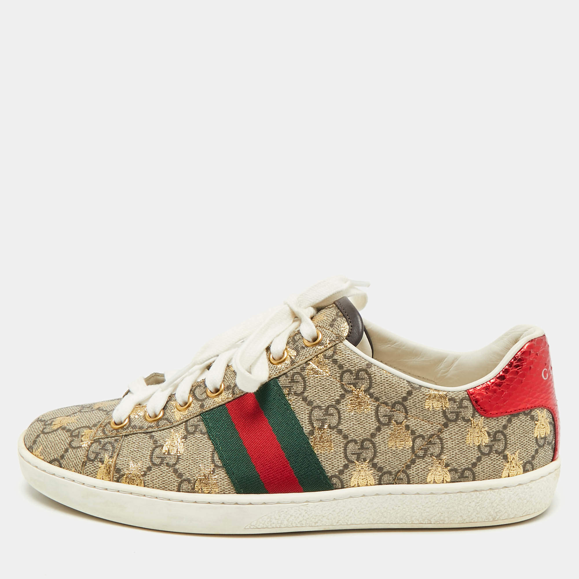 Gucci Brown Canvas And Embossed Python Leather Ace Web Sneakers Size 38
