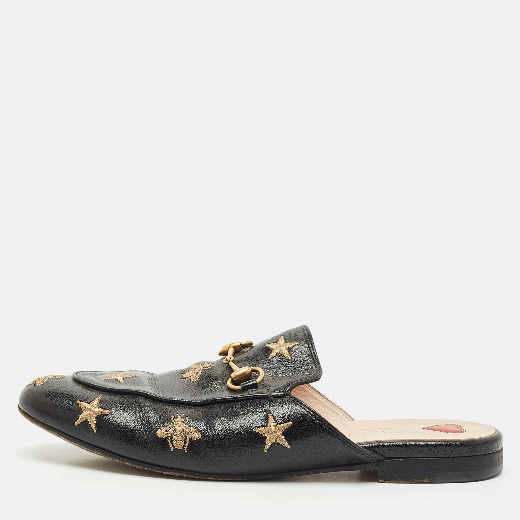Pre Owned Gucci Black Leather Bee and Star Embroidered Princetown Flat Mules Size 37.5