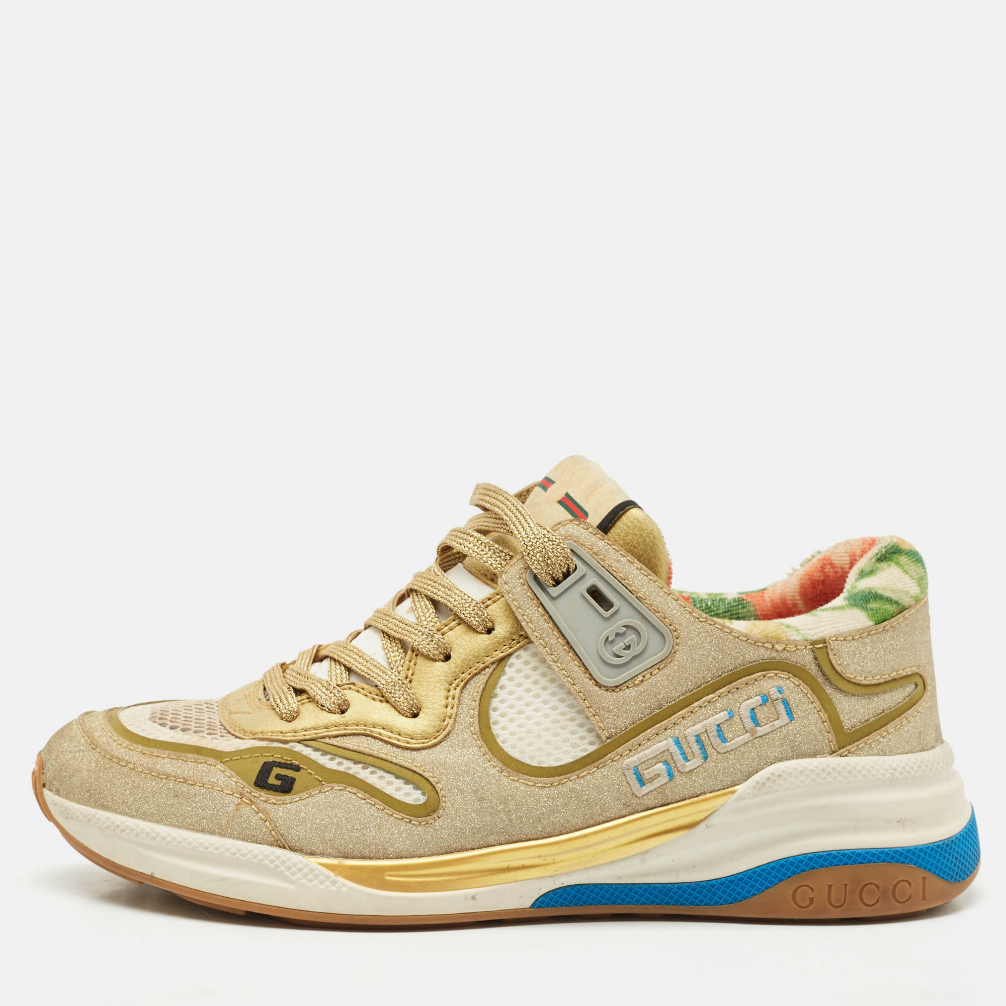 Pre Owned Gucci Gold/White Mesh, Glitter and Leather Ultrapace Low Top Sneakers Size 37.5
