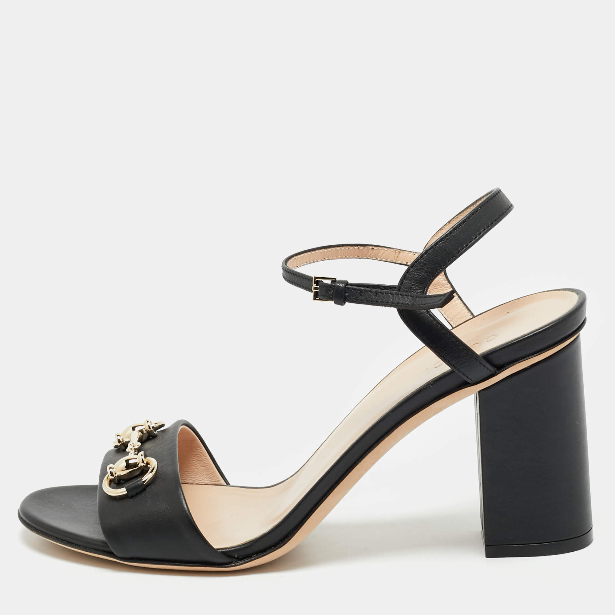 Gucci Black Leather Horsebit Ankle Strap Sandals Size 38