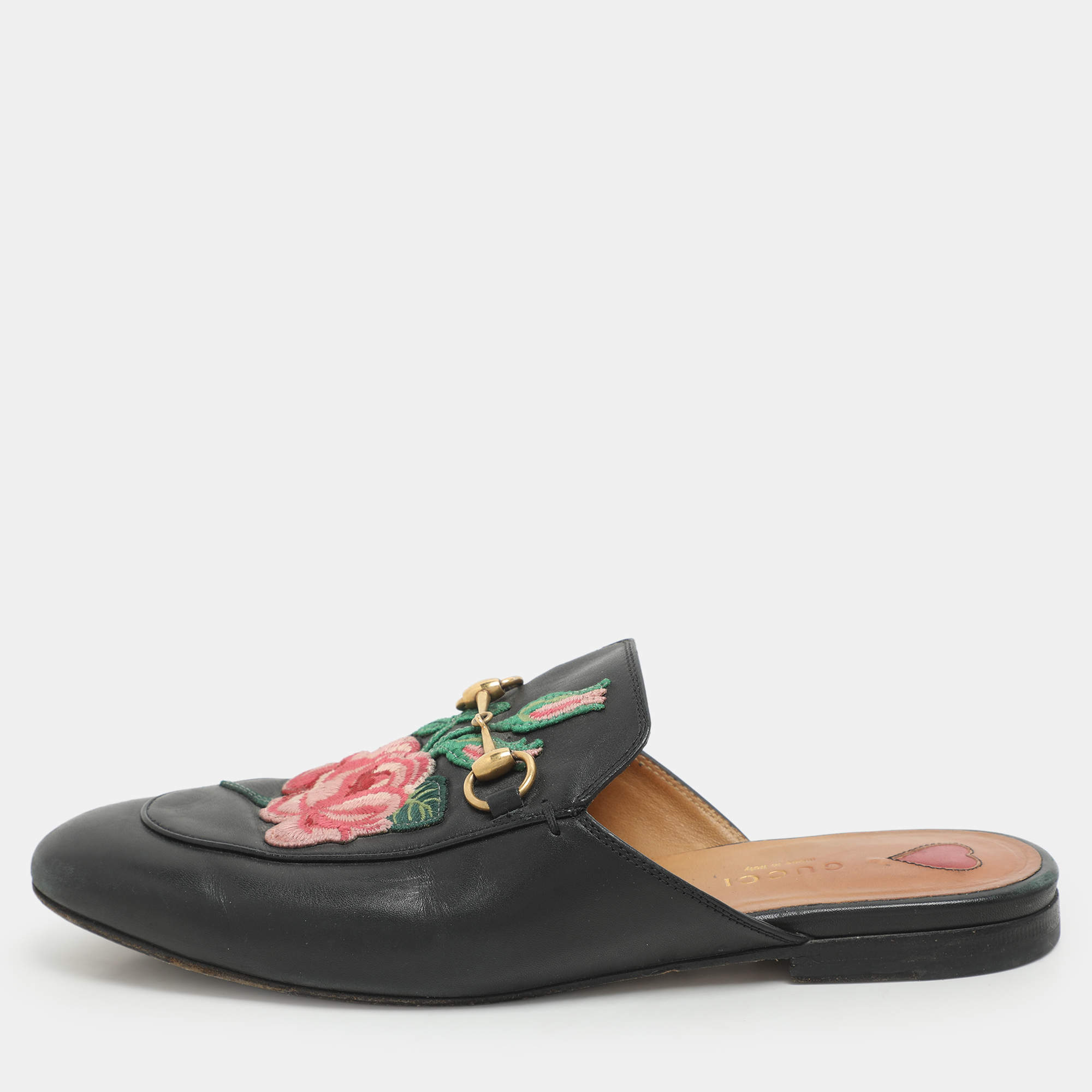 Pre Owned Gucci Black Leather Rose Embroidered Princetown Horsebit Flat Mules Size 38.5
