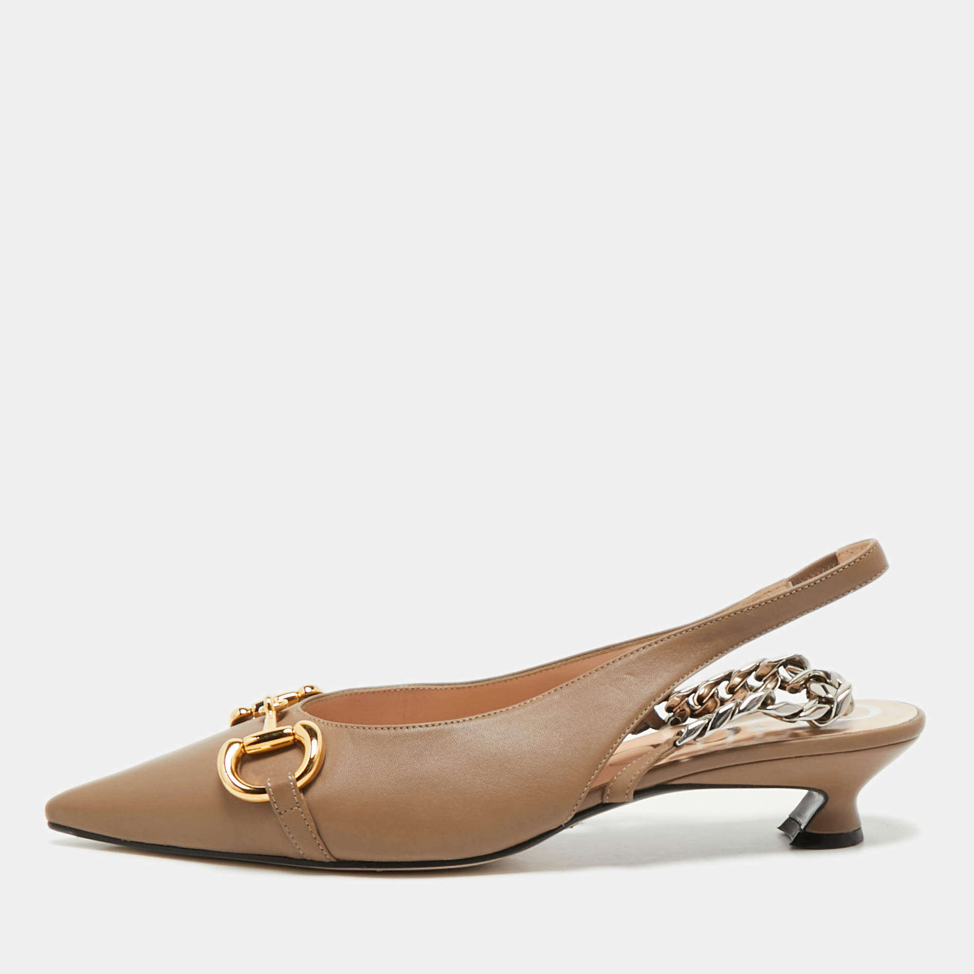 Pre Owned Gucci Brown Leather Slingback Pumps Size 38.5