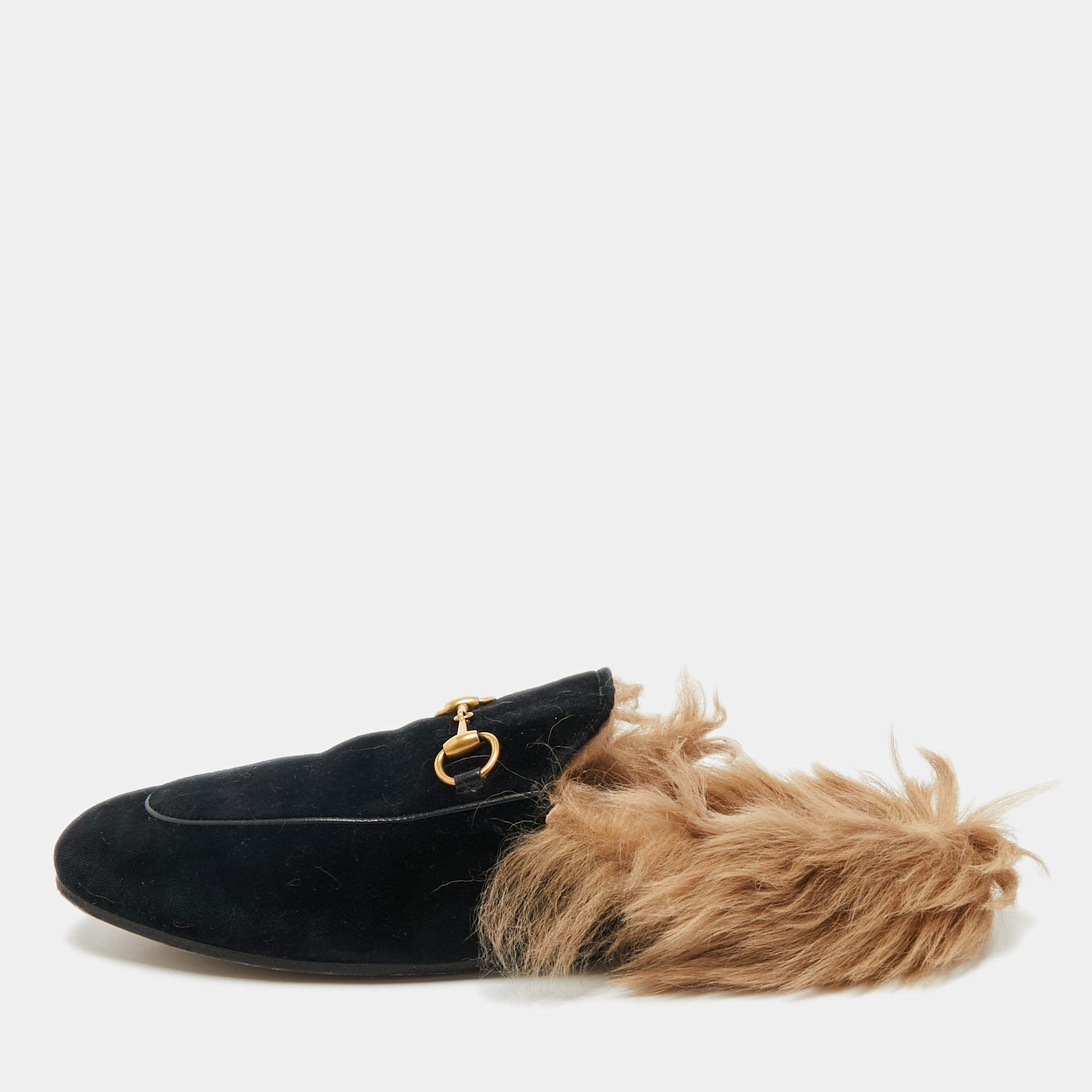 مملوكة مسبقًا حذاء سلايد فلات غوتشي "برينستاون" مبطن فرو و قطيفة أسود مقاس 39.5