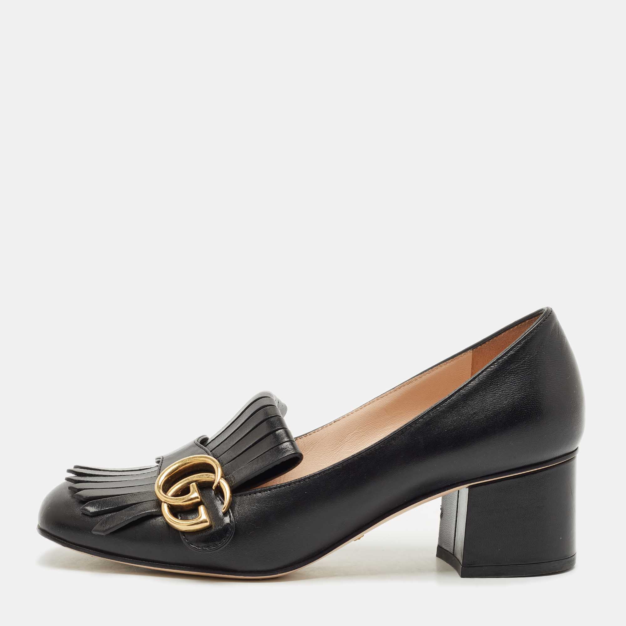 Gucci Black Leather Marmont GG Fringe Detail Block Heel Pumps Size 38