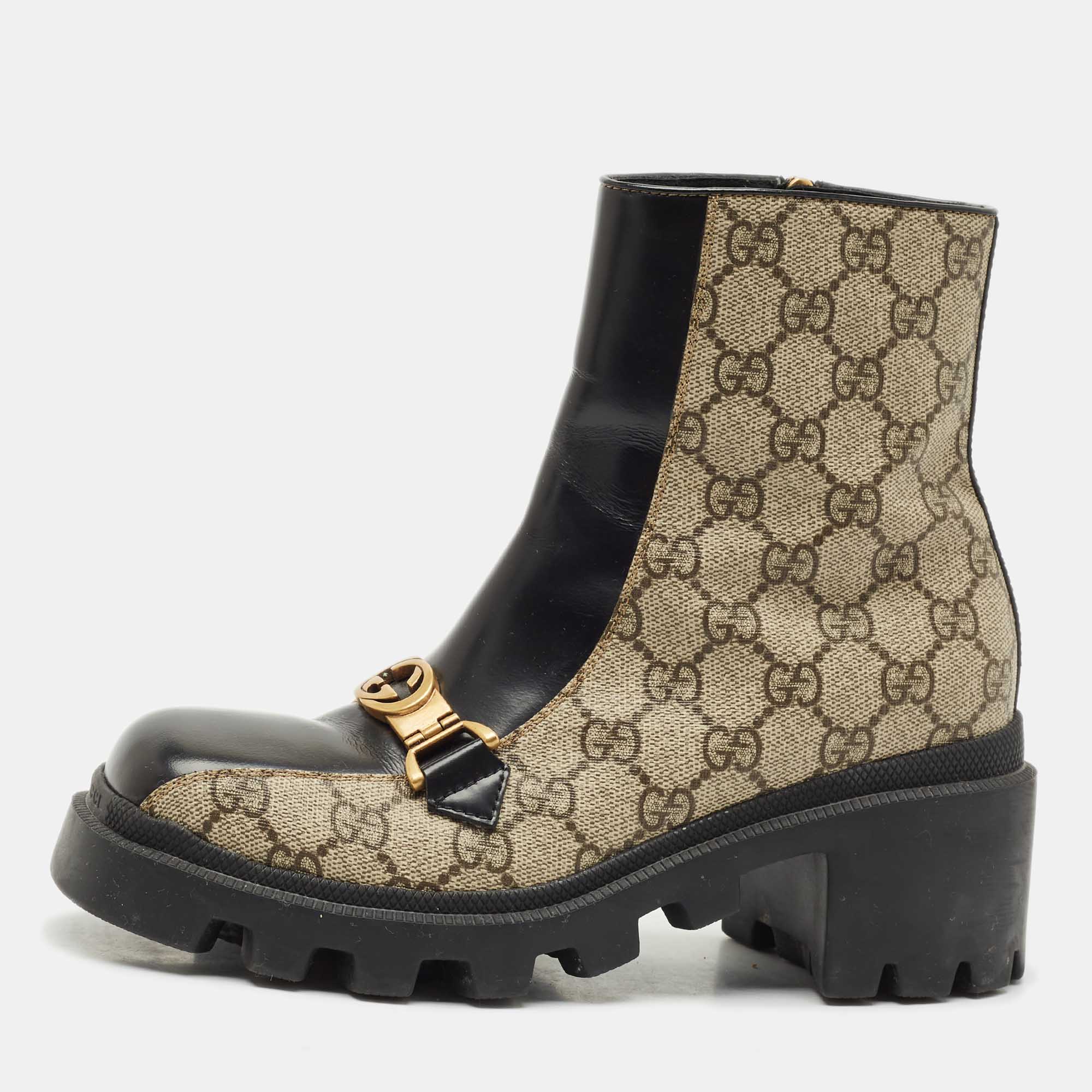 Gucci Beige/Black GG Supreme Canvas and Leather Interlocking G Ankle Boots Size 36.5