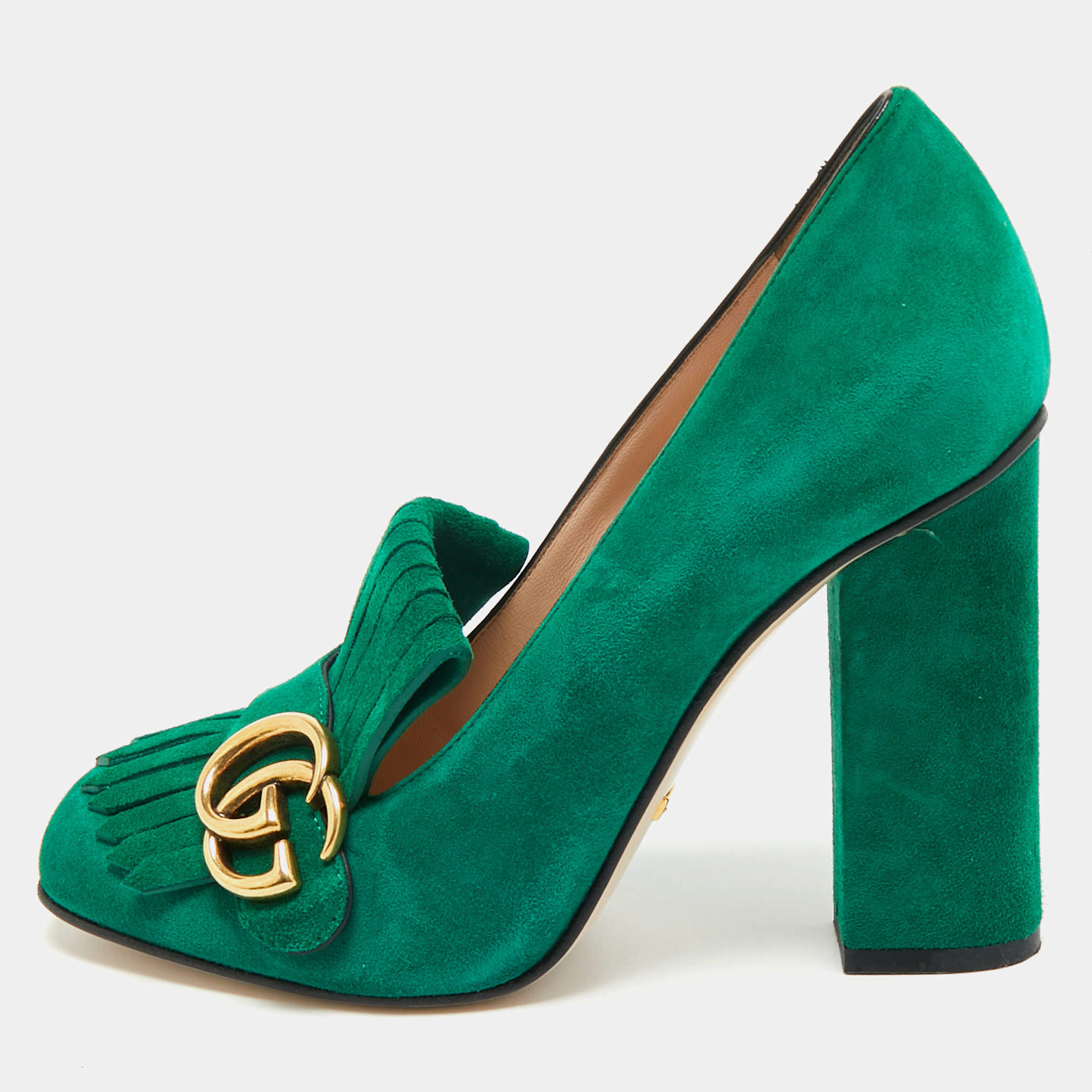 Pre Owned Gucci Green Suede GG Marmont Fringe Pumps Size 38