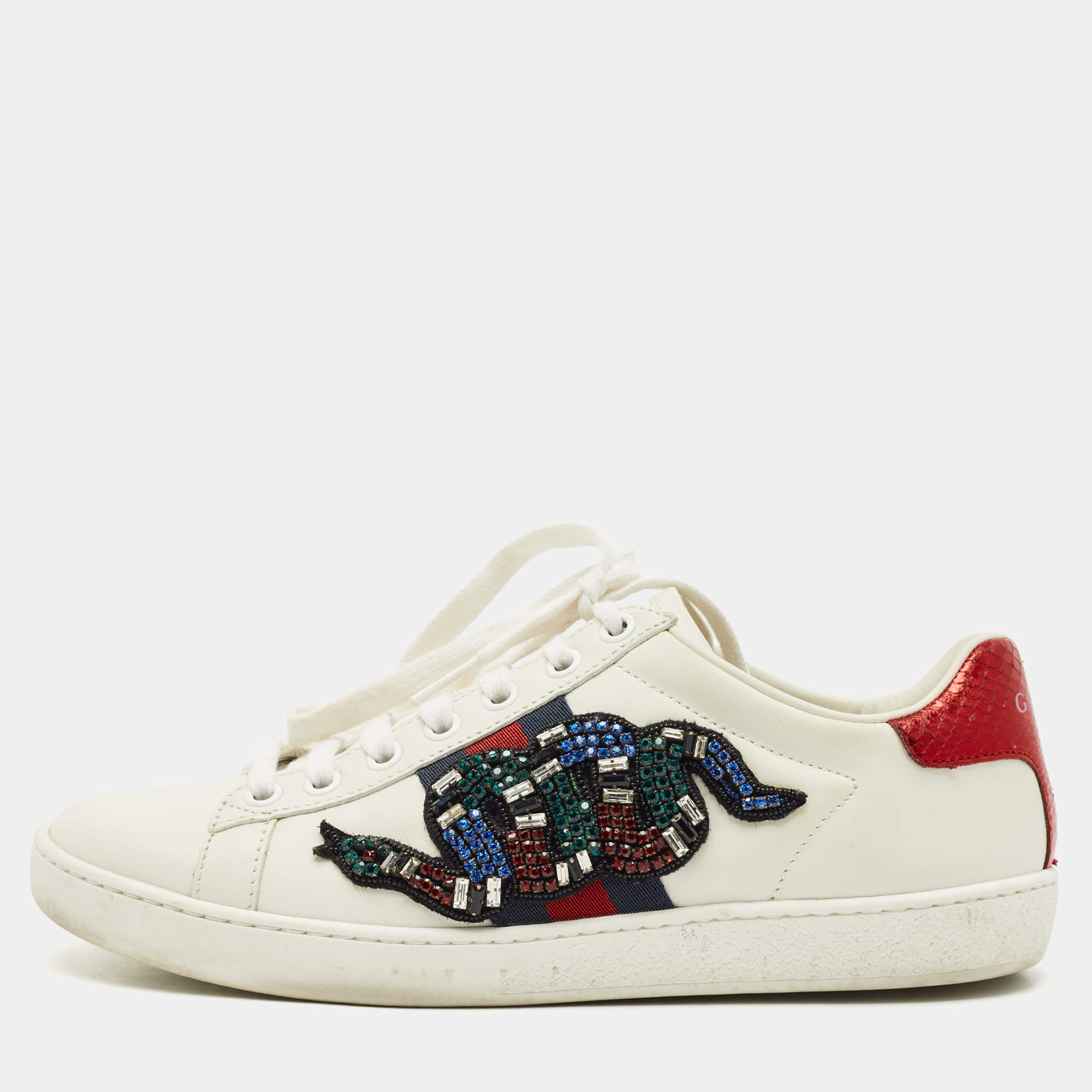 Pre Owned Gucci White Leather and Snakeskin Embossed Leather Ace Low Top Sneakers Size 35.5