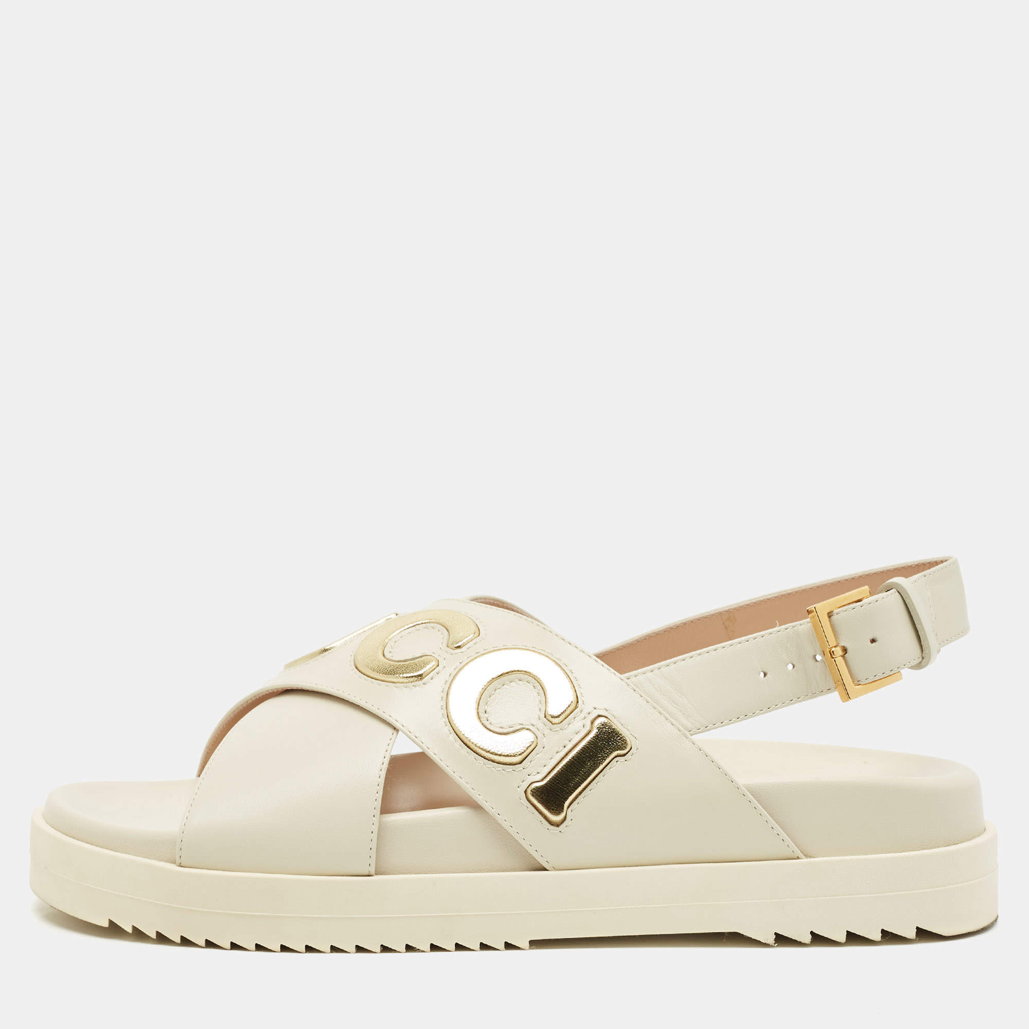 Pre Owned Gucci Off White Leather Logo Ankle Strap Flat Sandals 38.5