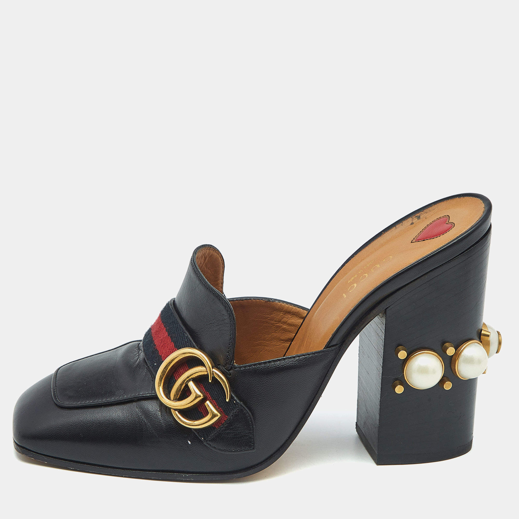 Pre Owned صندل غوتشي لوفرز جي جي جلد أسود مزخرف لؤلؤ نمط ويب مقاس 34