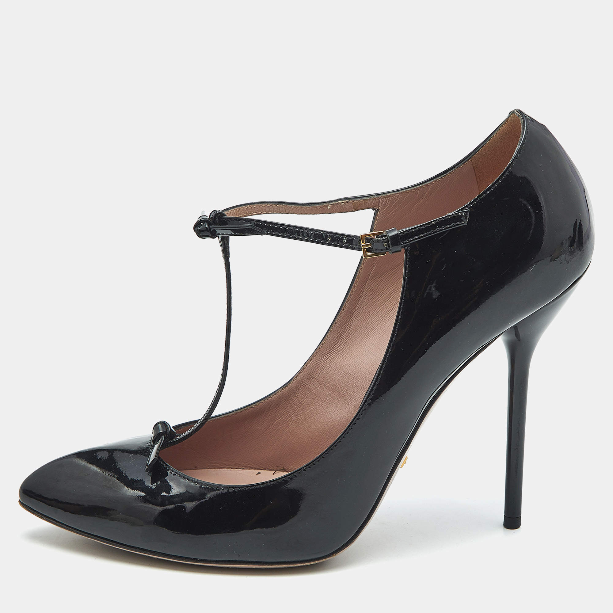 Pre Owned Gucci Black Patent Leather Beverly T Strap Pumps Size 40