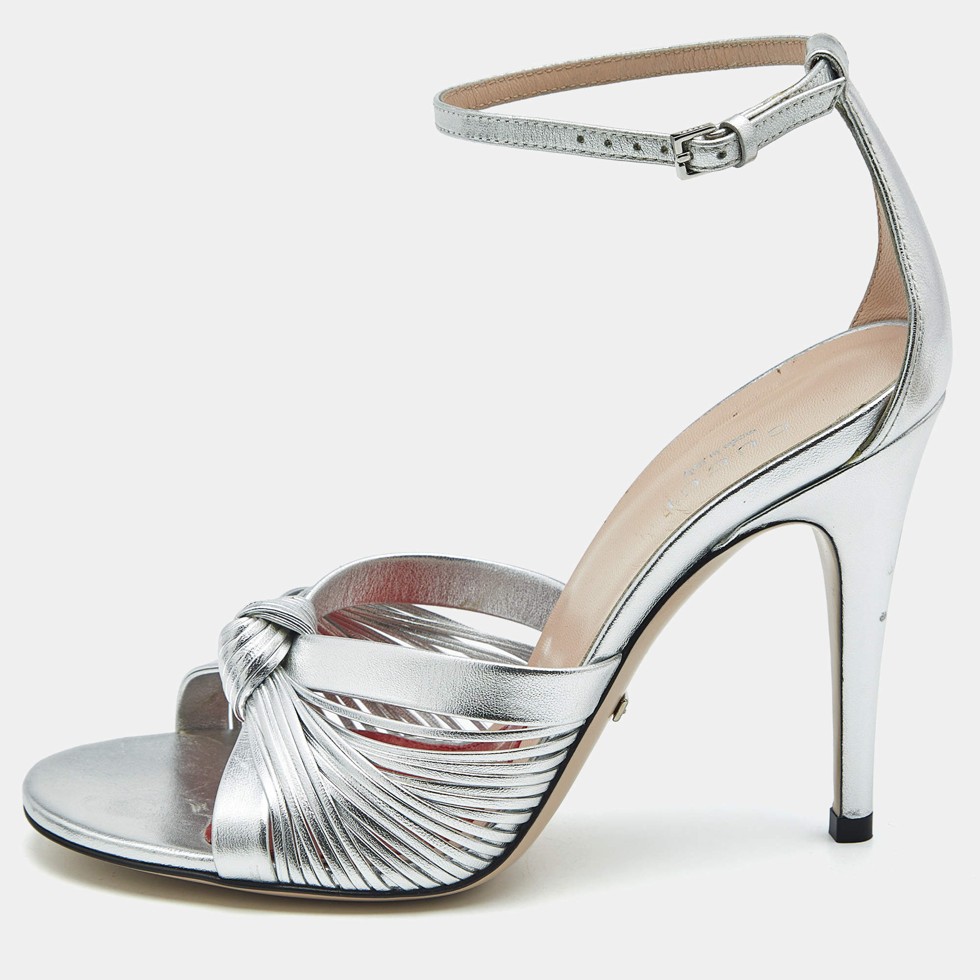Gucci Silver Leather Allie Knot Ankle Strap Sandals Size 36