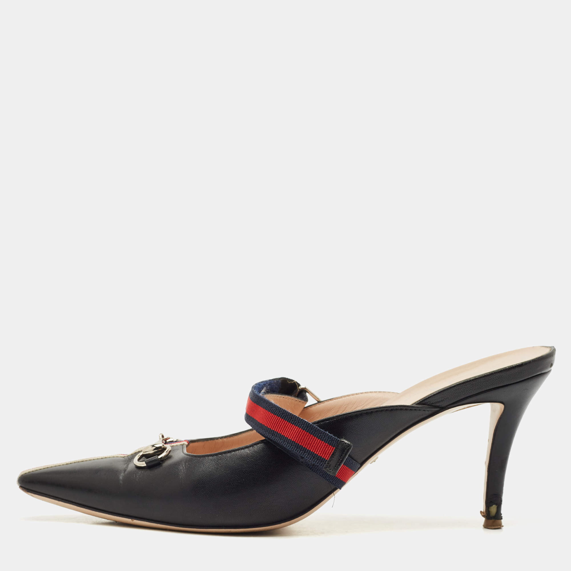 Gucci Black/Red Leather Emma Web Strap Horsebit Mules Size 40.5