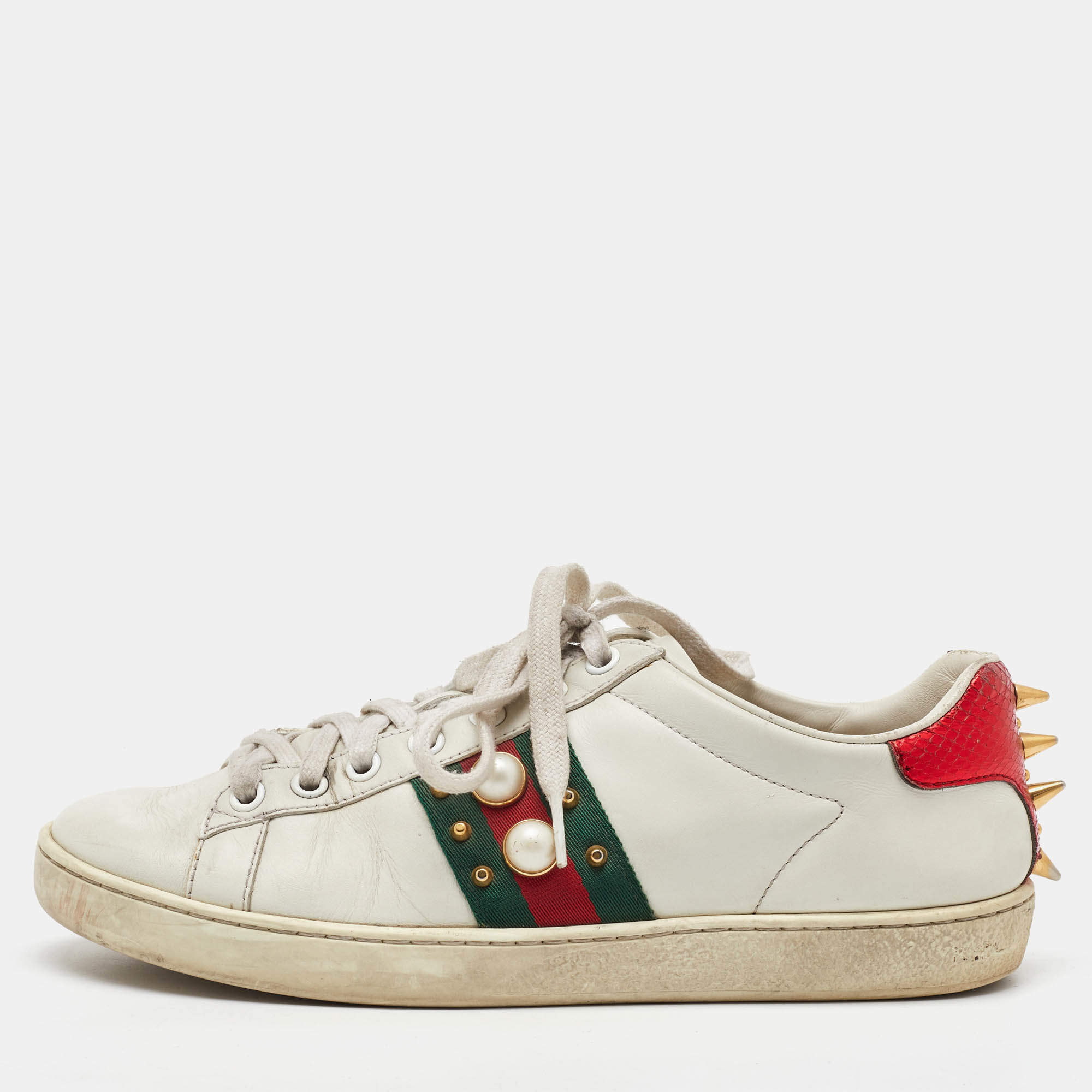 Pre Owned Gucci White Leather Pearl Embellished Ace Low Top Sneakers Size 37