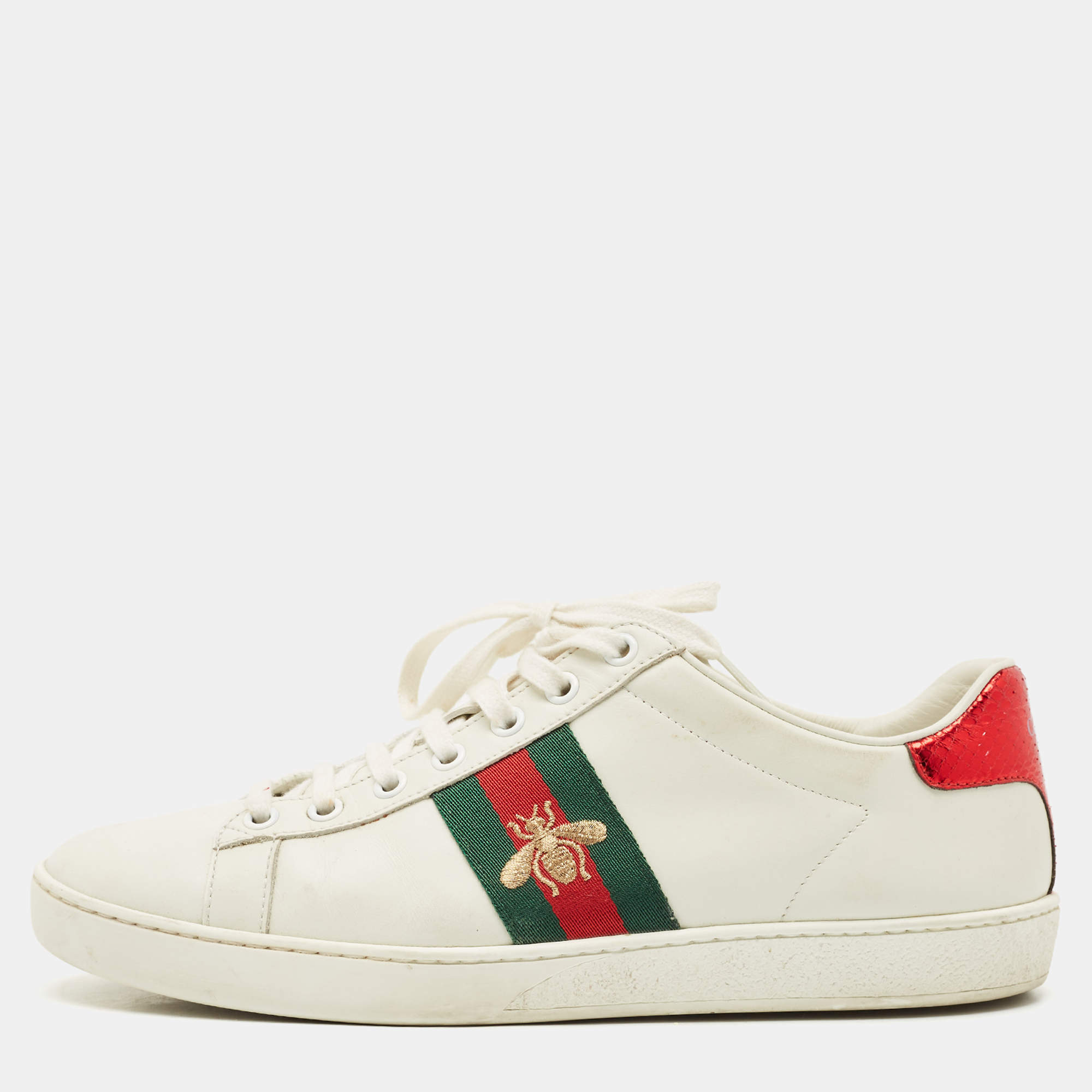 Pre Owned Gucci White Leather Ace Bee Embroidered Low Top Sneakers Size 38.5