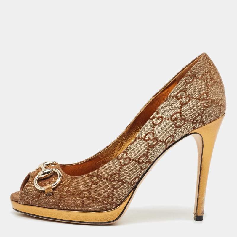 Pre Owned Gucci Bronze GG Fabric Horsebit Peep Toe Platform Pumps Size 37.5
